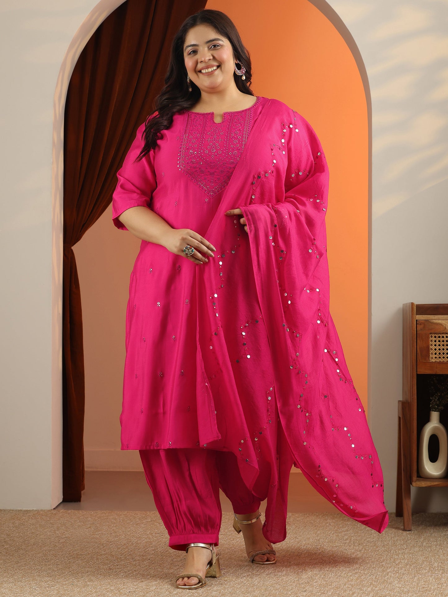 Plus Size Pink Embroidered Silk Blend Straight Suit Set With Dupatta