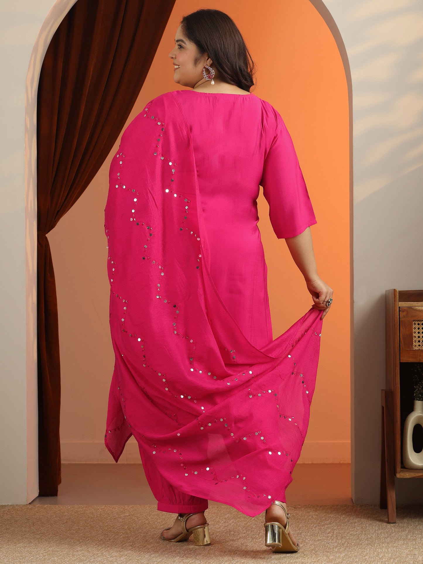 Plus Size Pink Embroidered Silk Blend Straight Suit Set With Dupatta