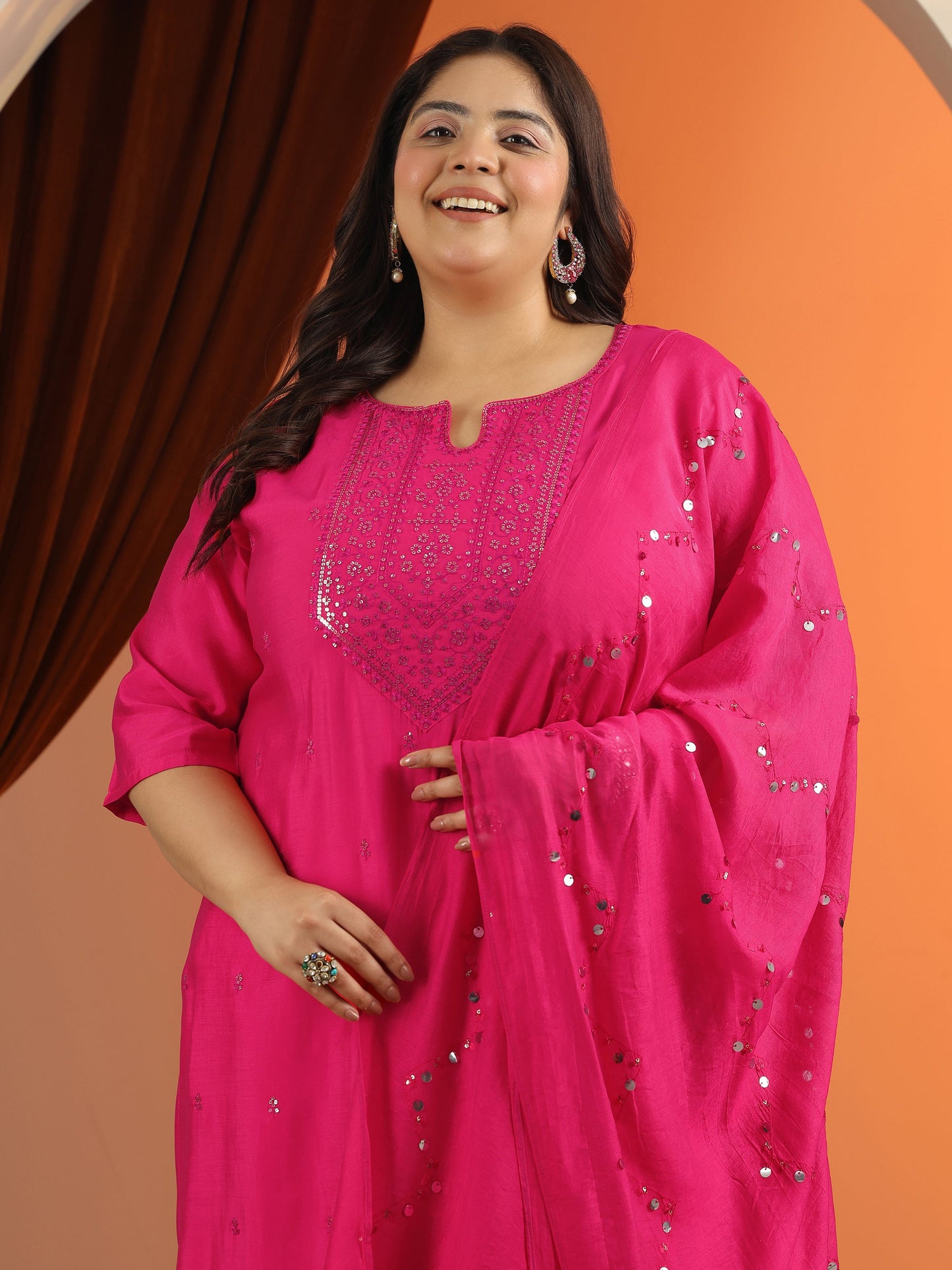Plus Size Pink Embroidered Silk Blend Straight Suit Set With Dupatta