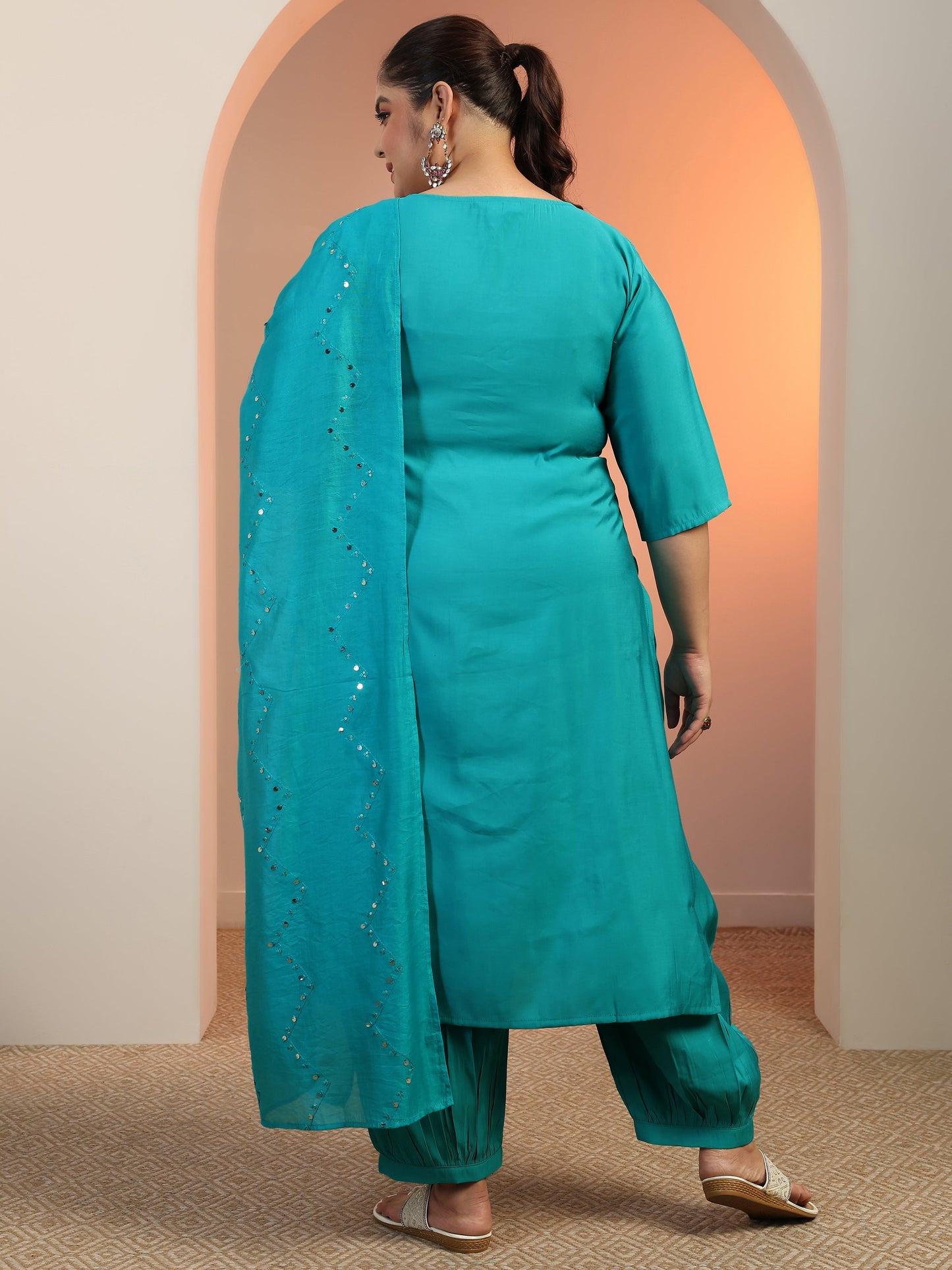 Plus Size Teal Embroidered Silk blend Straight Suit Set With Dupatta