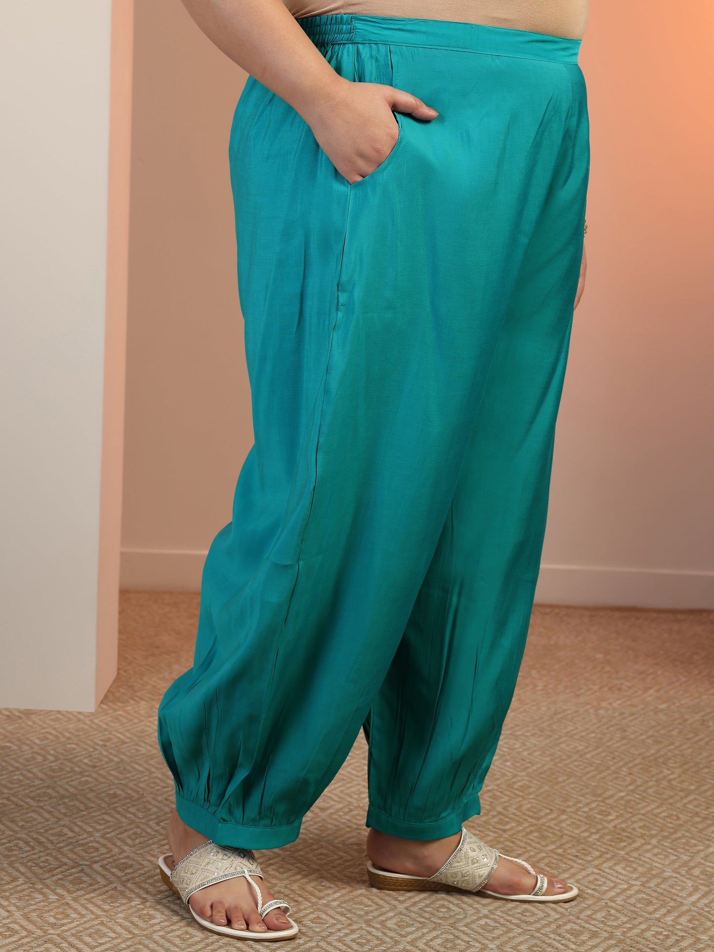Plus Size Teal Embroidered Silk blend Straight Suit Set With Dupatta