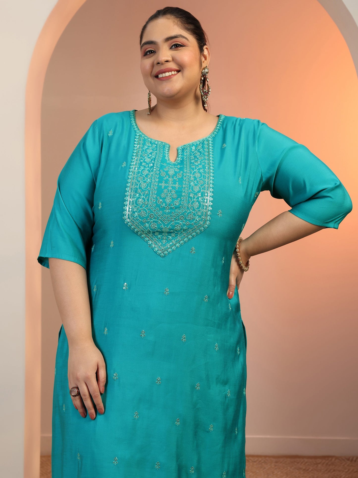 Plus Size Teal Embroidered Silk blend Straight Suit Set With Dupatta