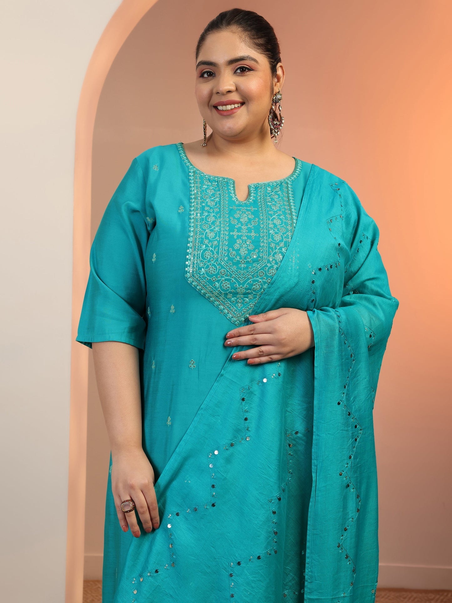 Plus Size Teal Embroidered Silk blend Straight Suit Set With Dupatta