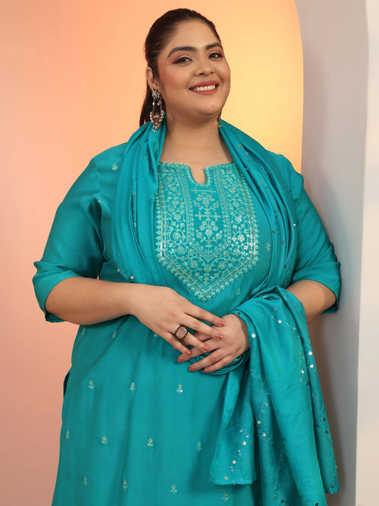 Plus Size Teal Embroidered Silk blend Straight Suit Set With Dupatta