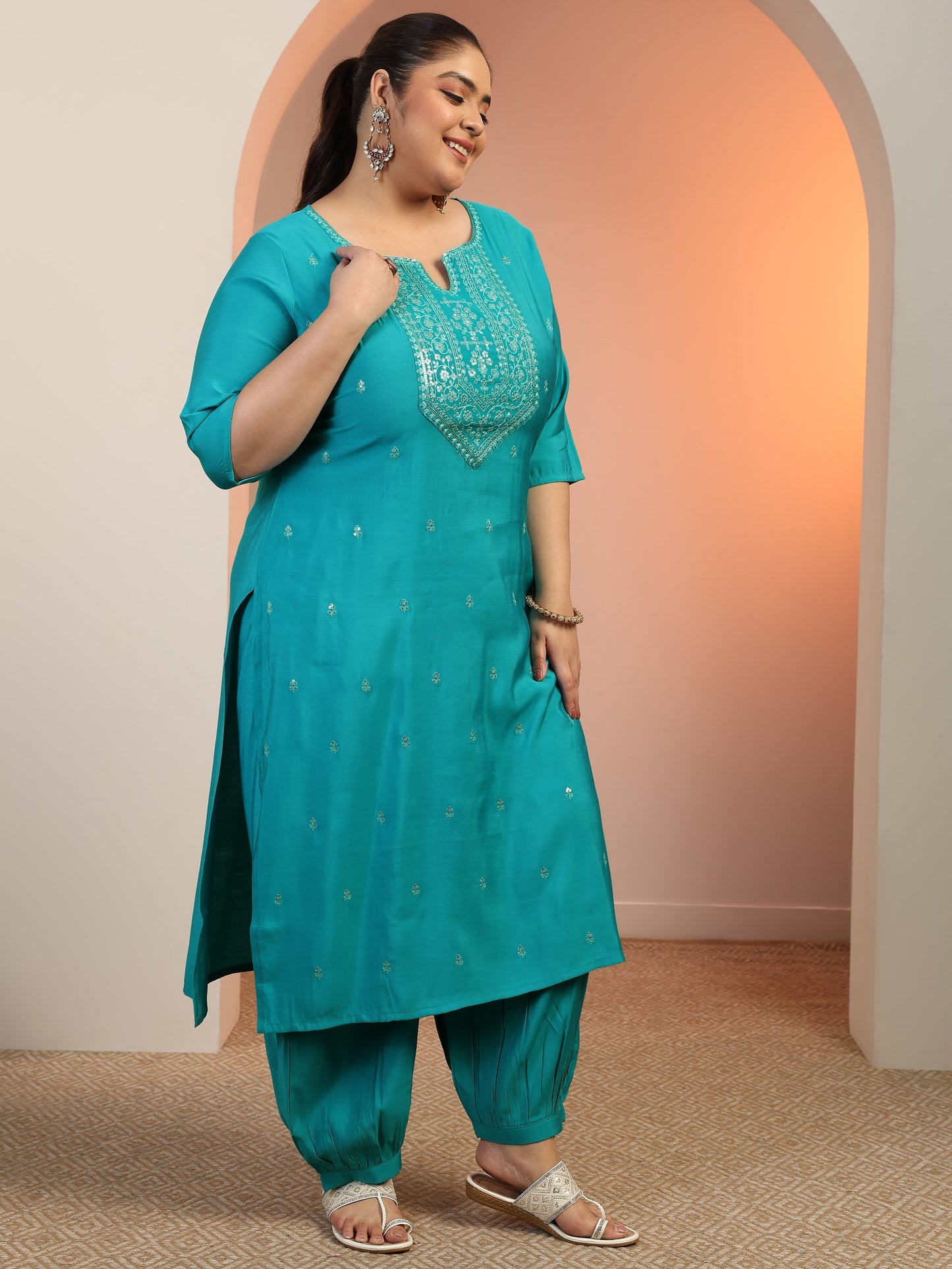 Plus Size Teal Embroidered Silk blend Straight Suit Set With Dupatta