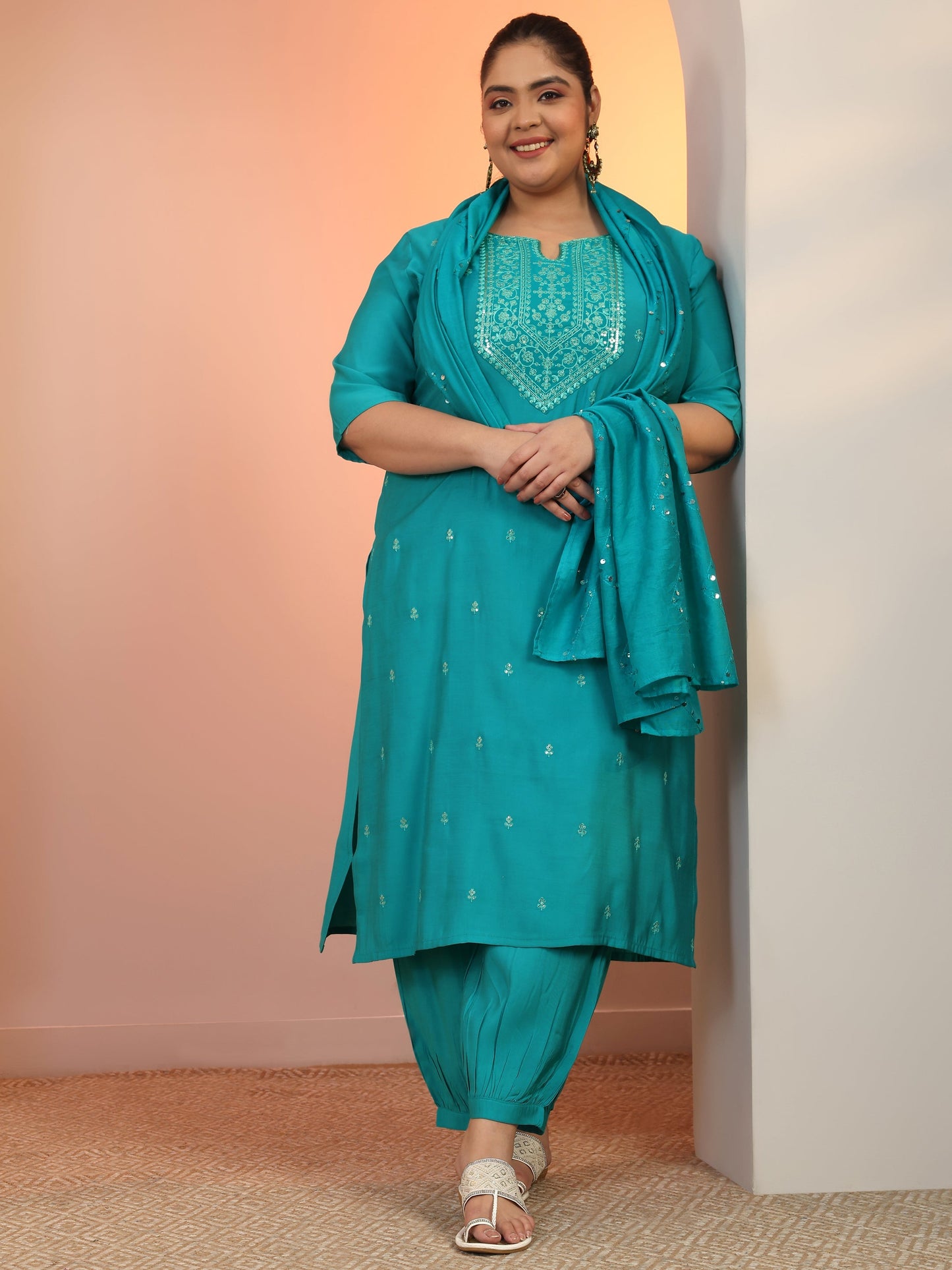 Plus Size Teal Embroidered Silk blend Straight Suit Set With Dupatta