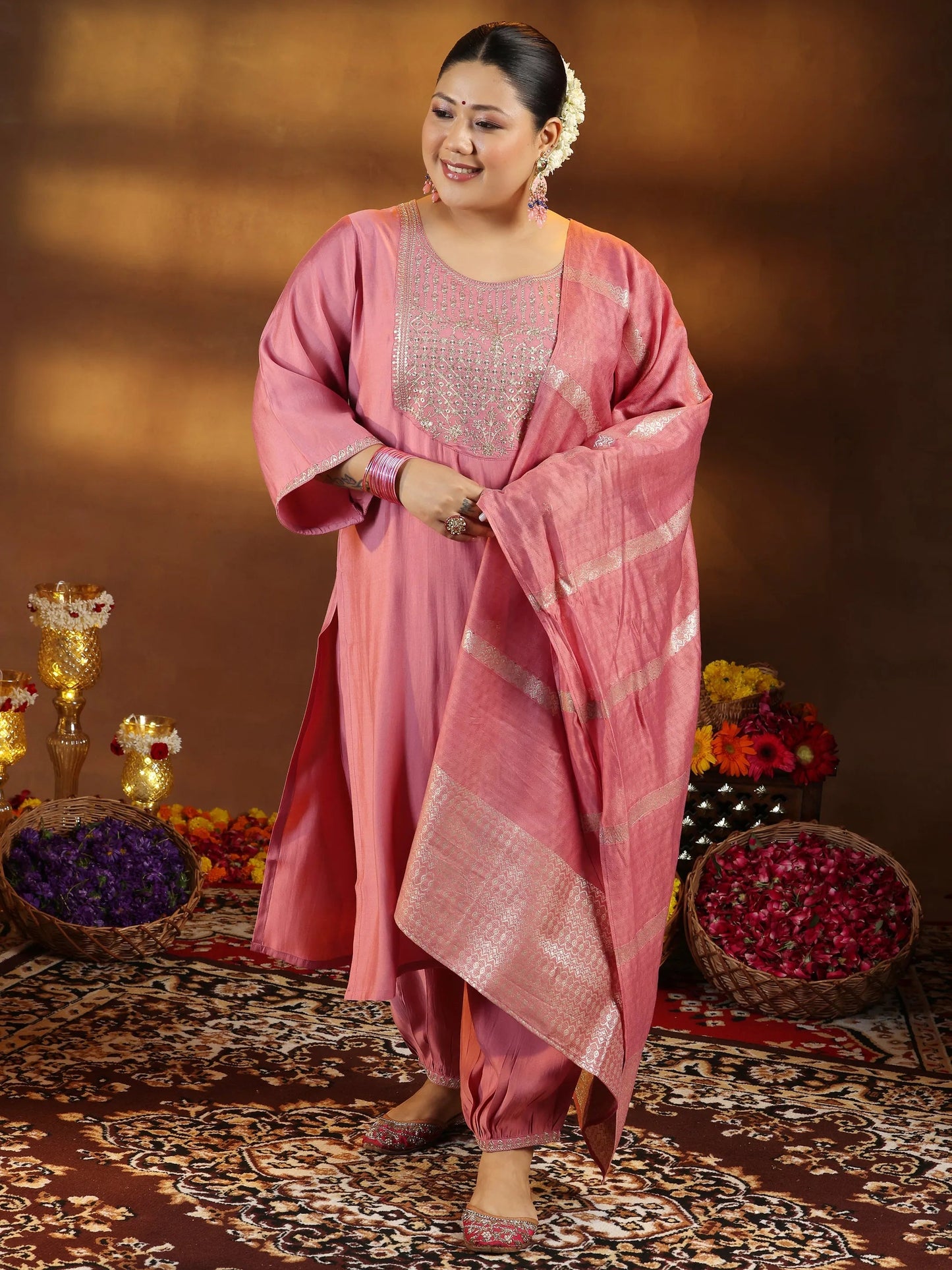 Plus Size Peach Yoke Design Silk Blend Straight Suit With Dupatta