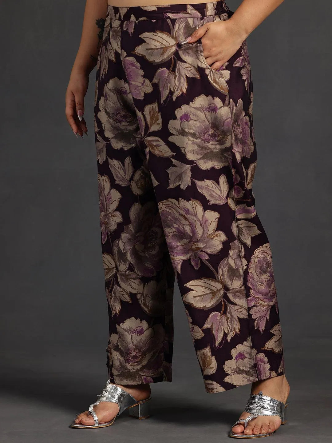 Plus Size Purple Printed Silk Blend Co-Ords