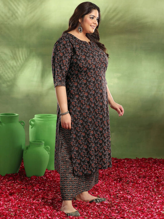 Plus Size Black Printed Cotton Straight Suit With Dupatta