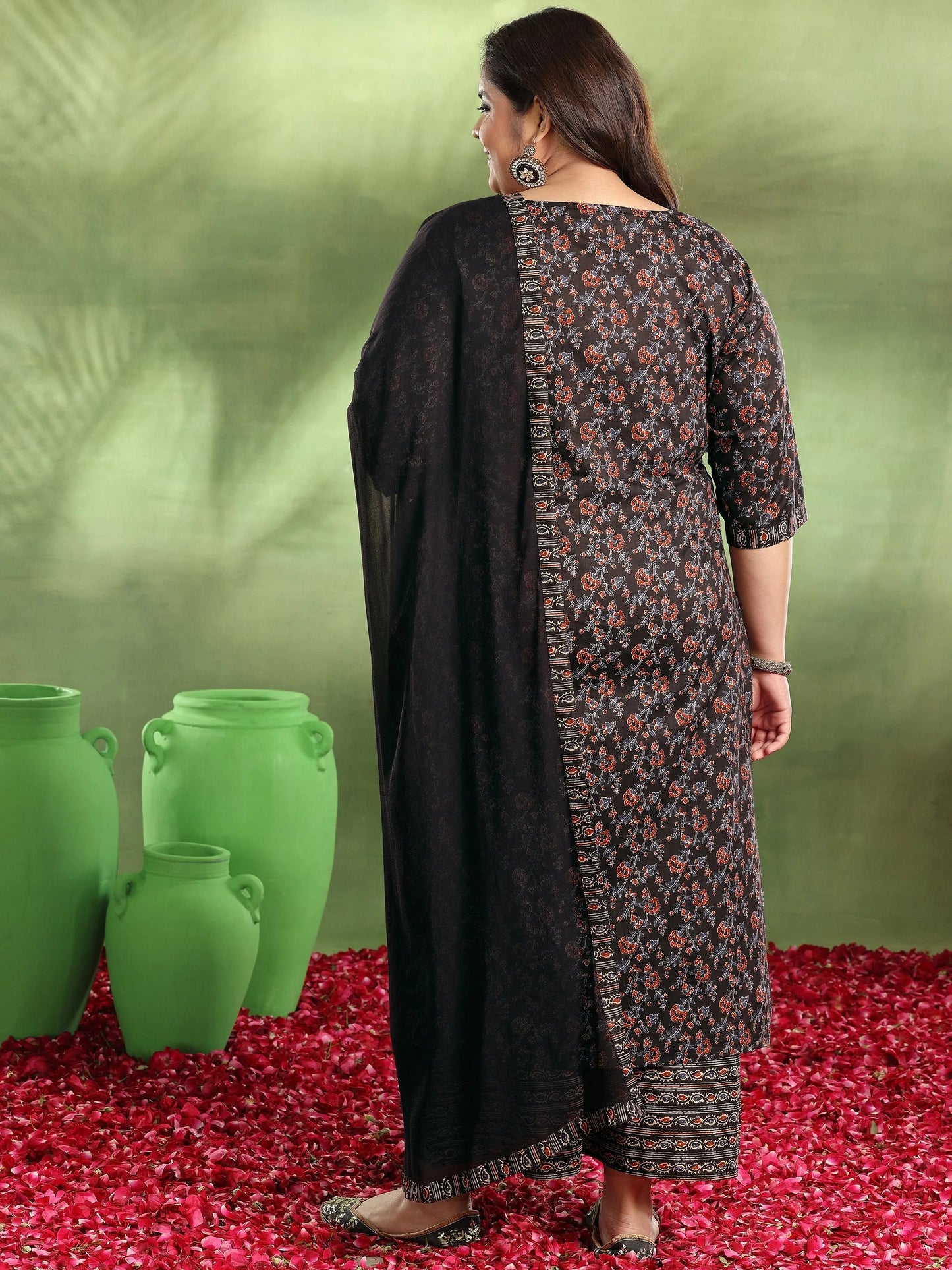 Plus Size Black Printed Cotton Straight Suit With Dupatta