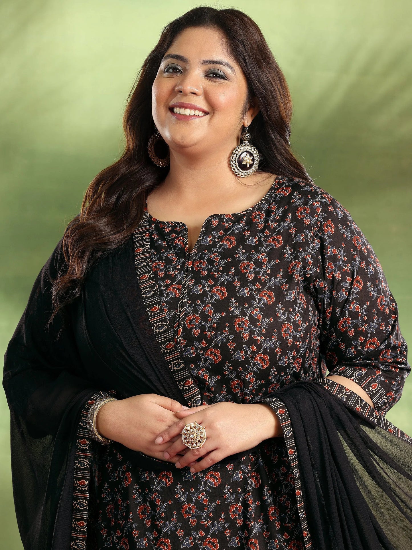 Plus Size Black Printed Cotton Straight Suit With Dupatta