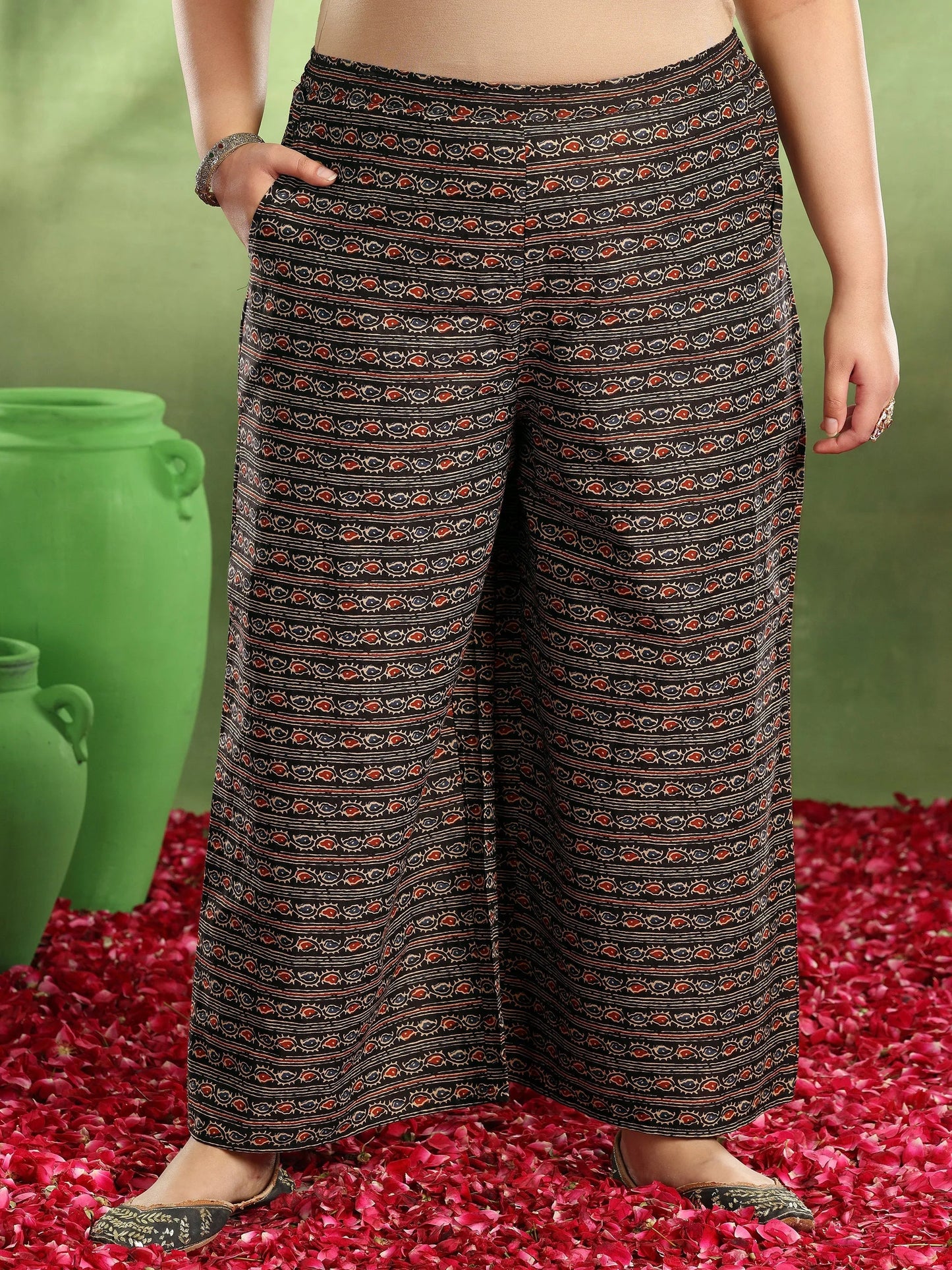 Plus Size Black Printed Cotton Straight Suit With Dupatta