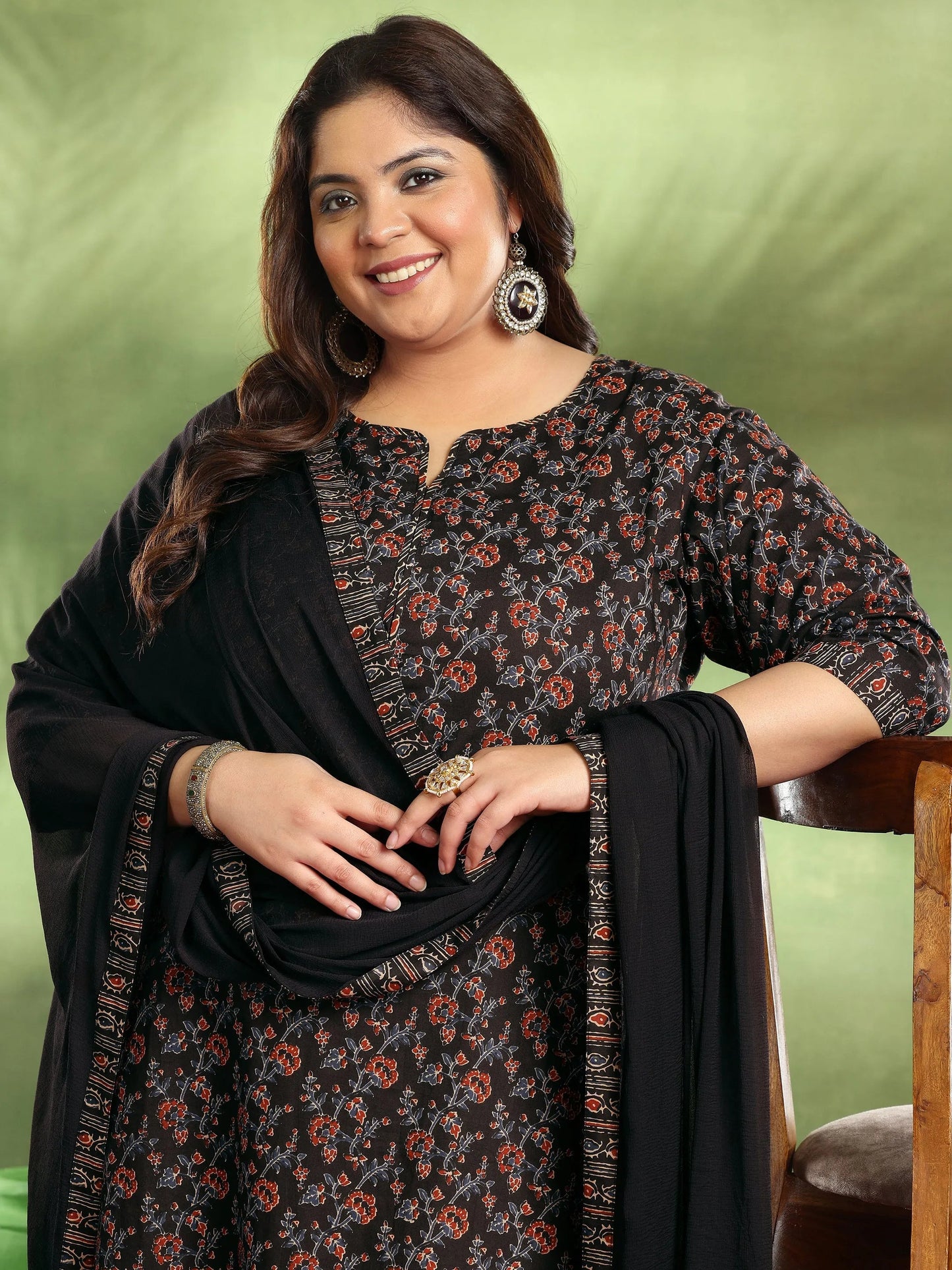 Plus Size Black Printed Cotton Straight Suit With Dupatta