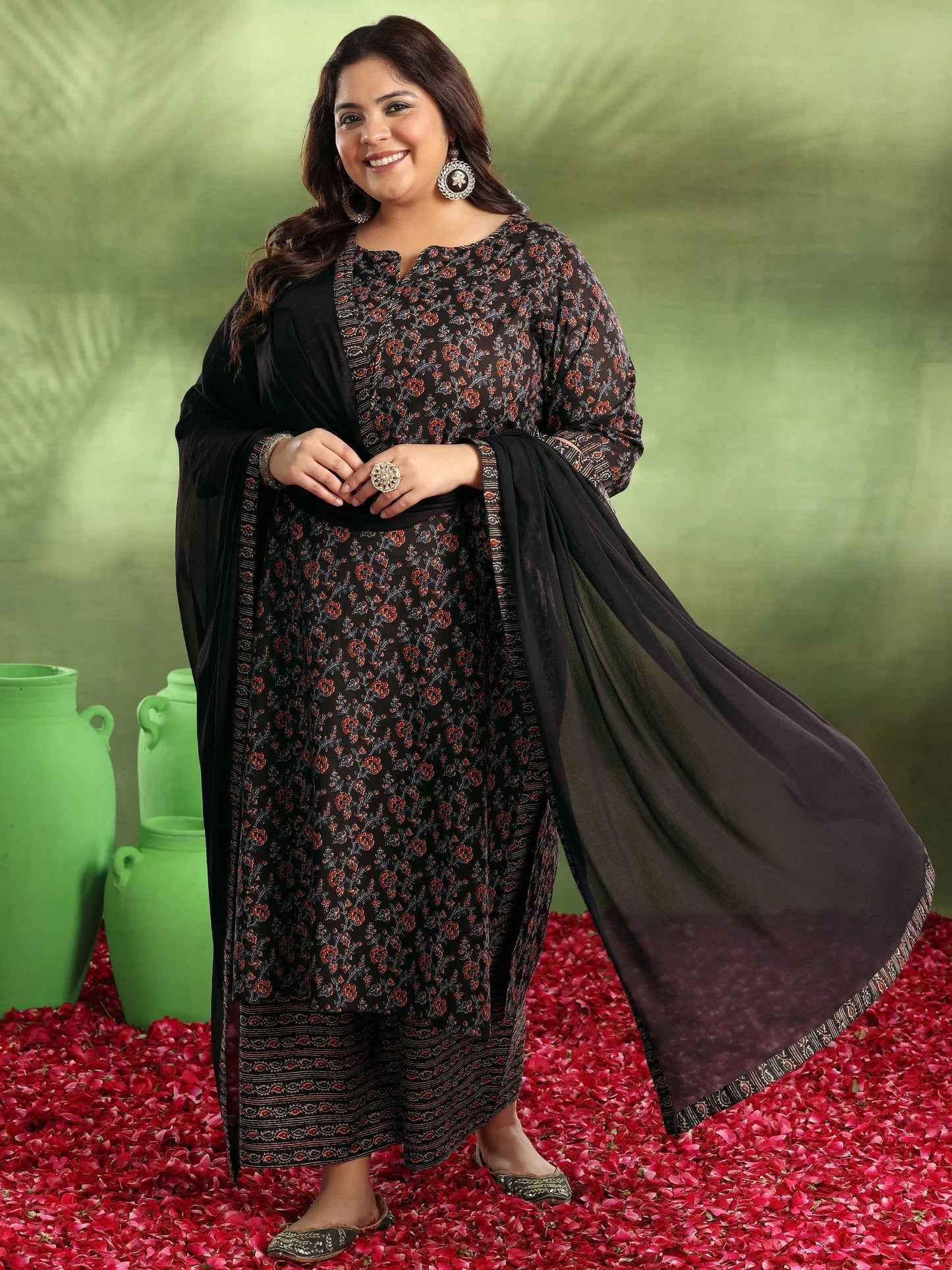 Plus Size Black Printed Cotton Straight Suit With Dupatta