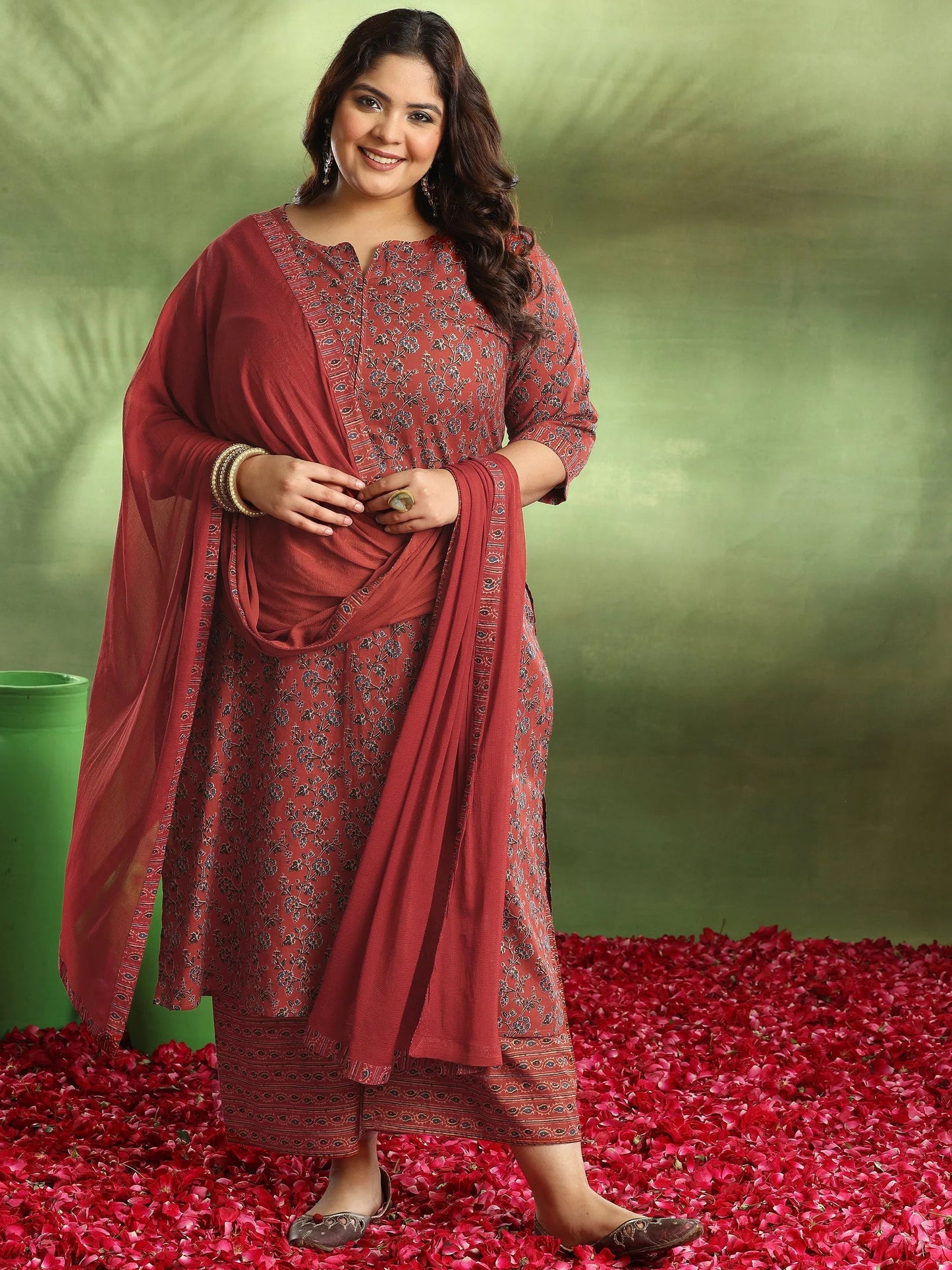 Plus Size Rust Printed Cotton Straight Suit With Dupatta