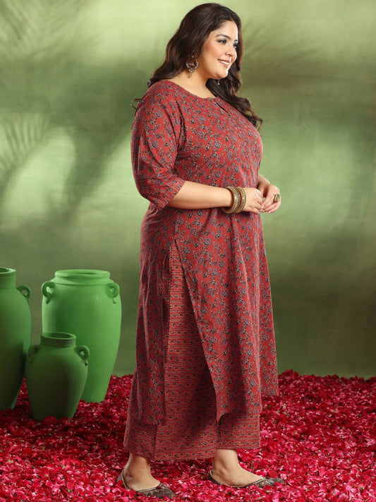 Plus Size Rust Printed Cotton Straight Suit With Dupatta