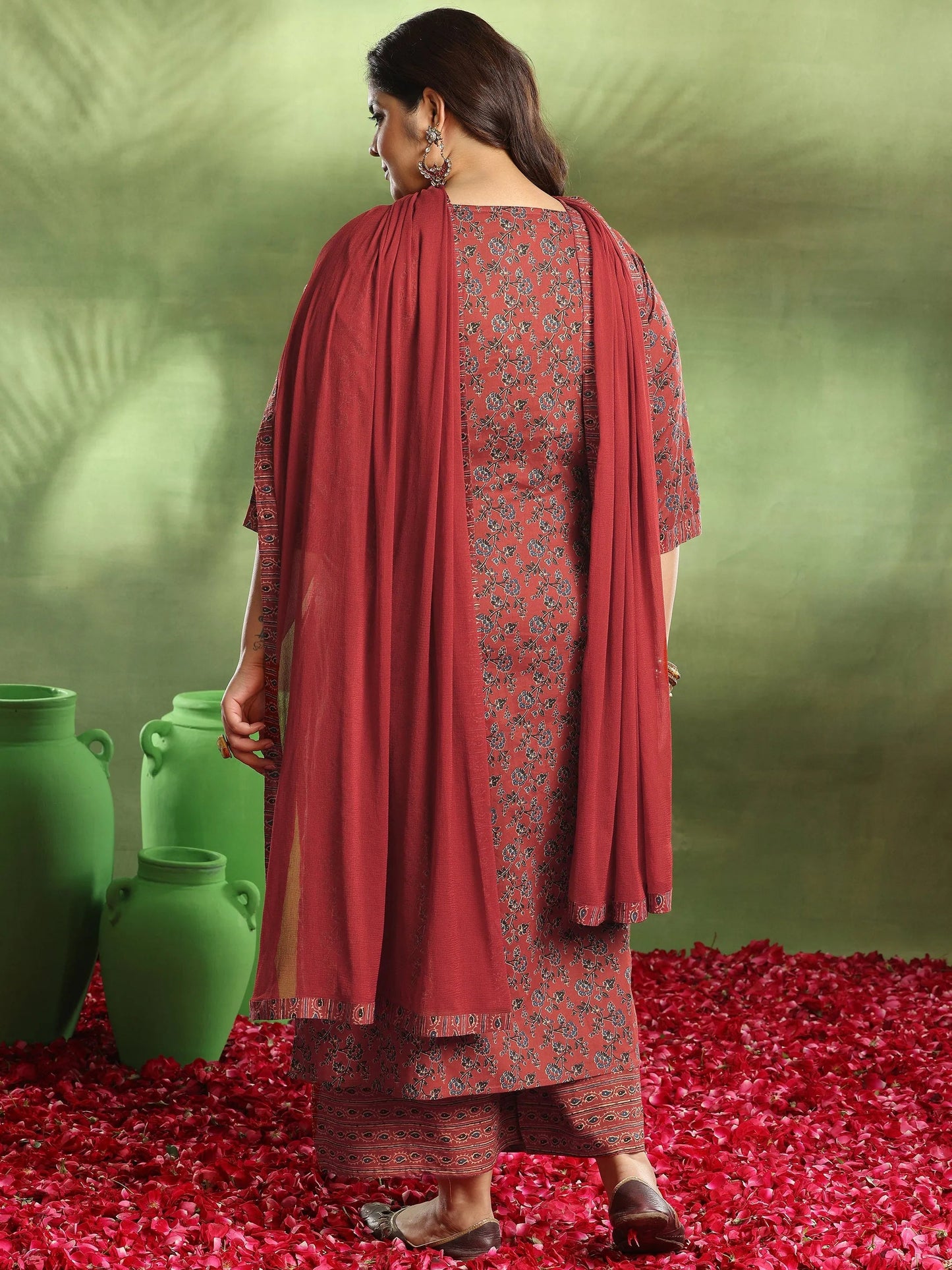 Plus Size Rust Printed Cotton Straight Suit With Dupatta