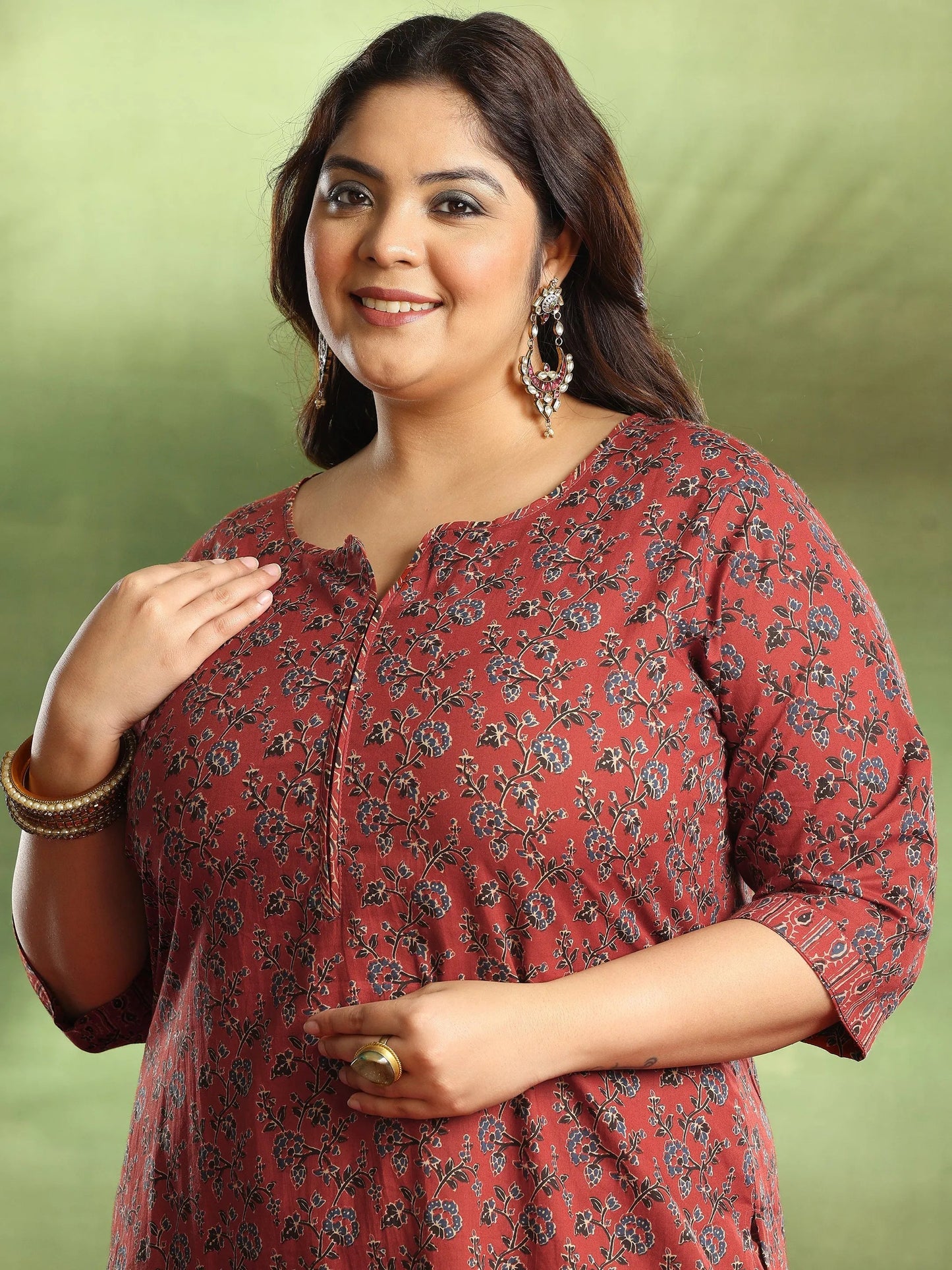 Plus Size Rust Printed Cotton Straight Suit With Dupatta