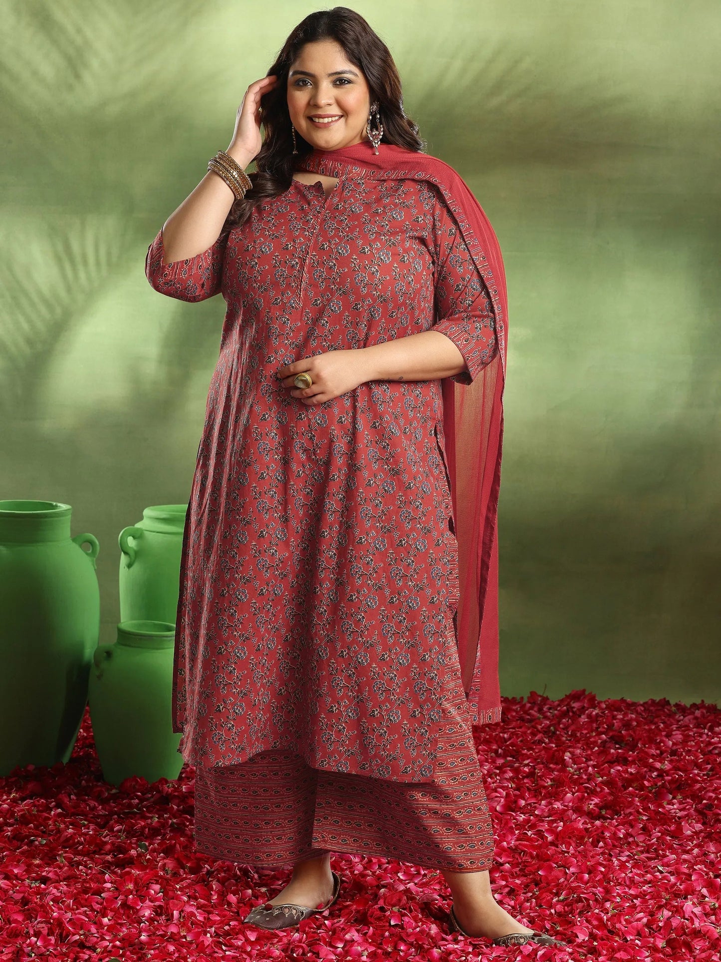 Plus Size Rust Printed Cotton Straight Suit With Dupatta