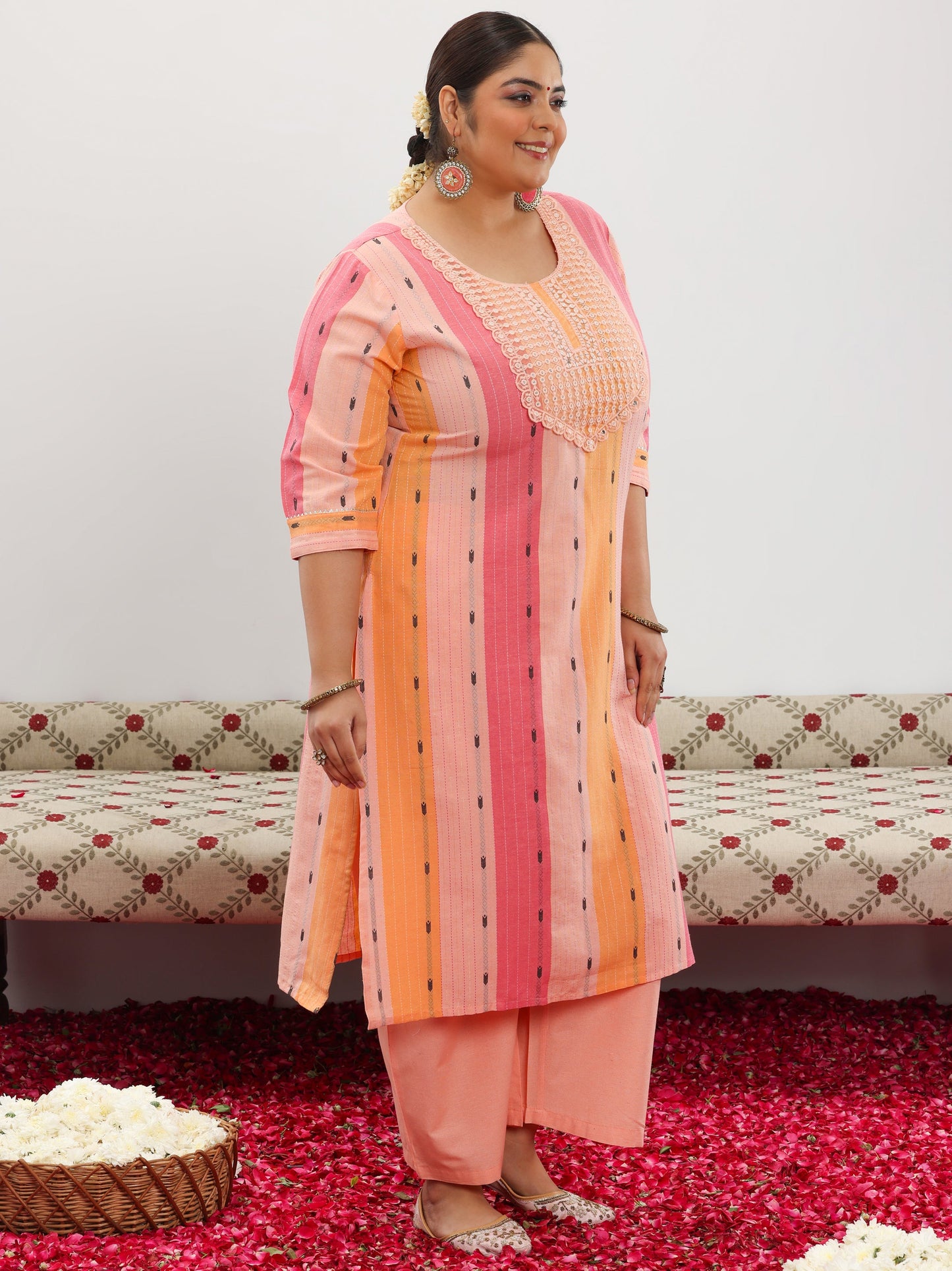 Plus Size Peach Self Design Cotton Blend Straight Suit With Dupatta
