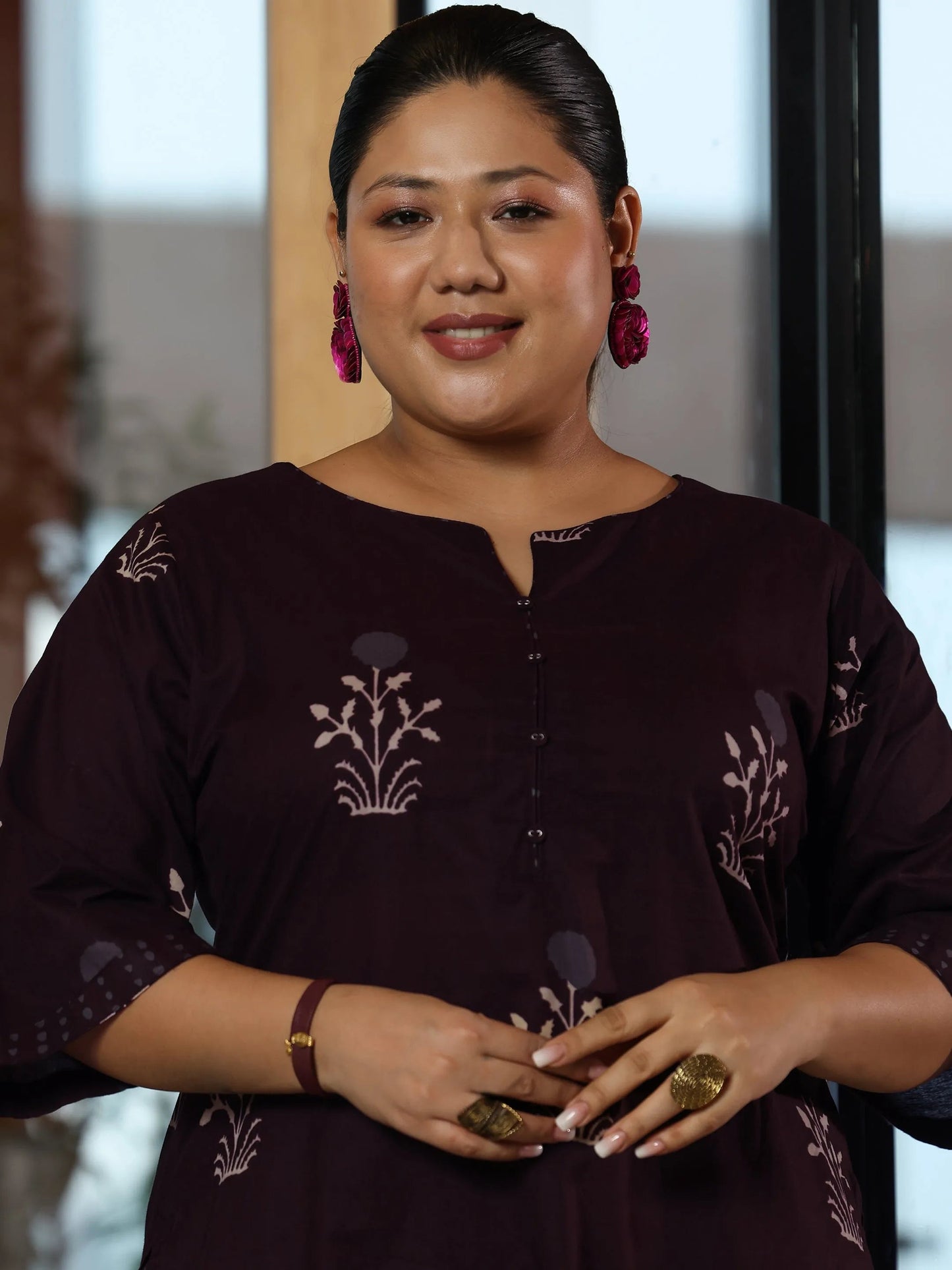 Plus Size Brown Printed Cotton Straight Suit With Dupatta