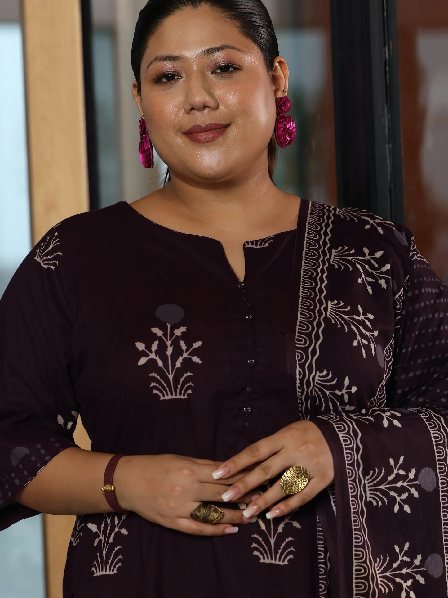 Plus Size Brown Printed Cotton Straight Suit With Dupatta