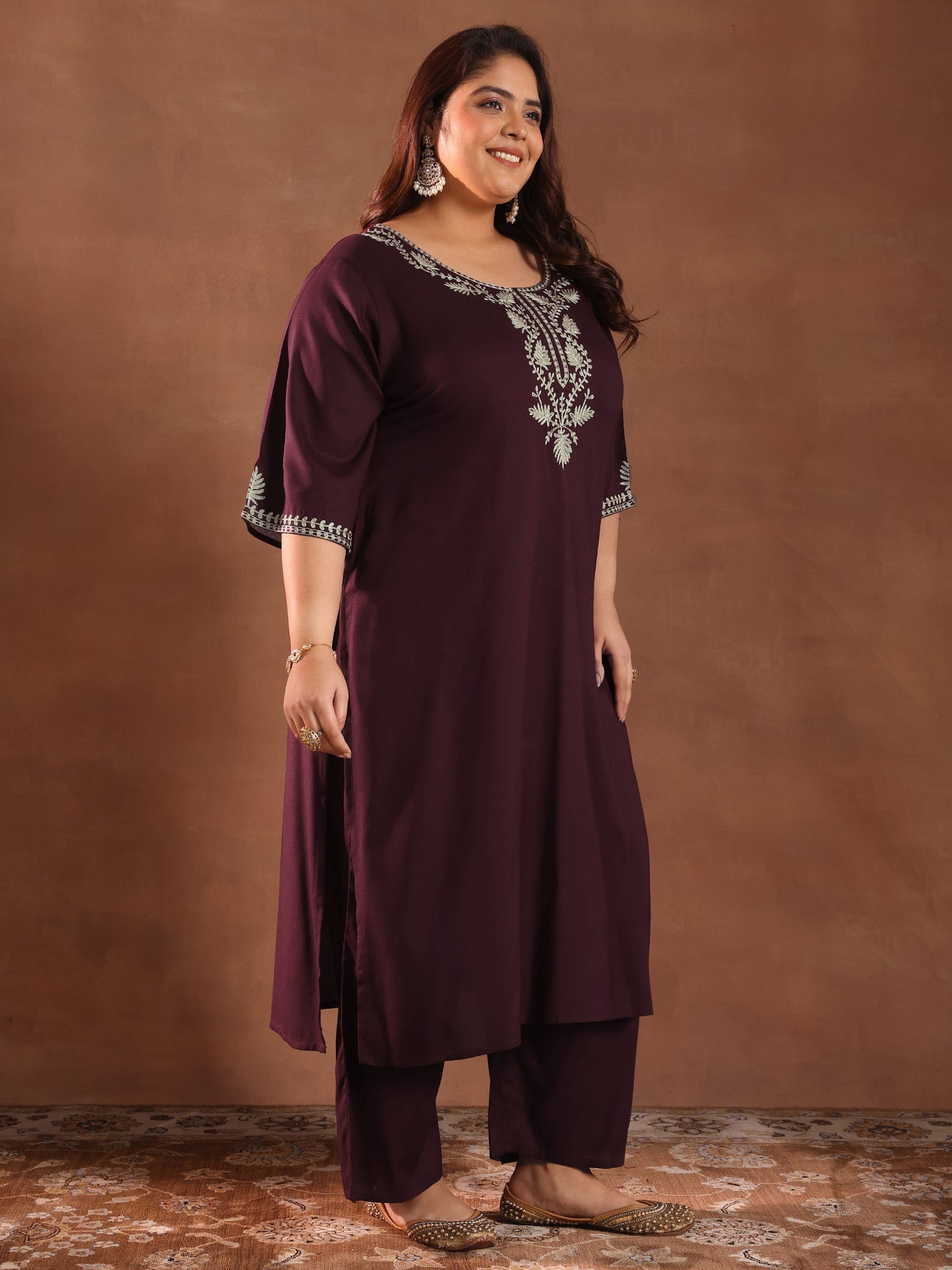 Plus Size Burgundy Yoke Design Rayon Straight Kurta Set