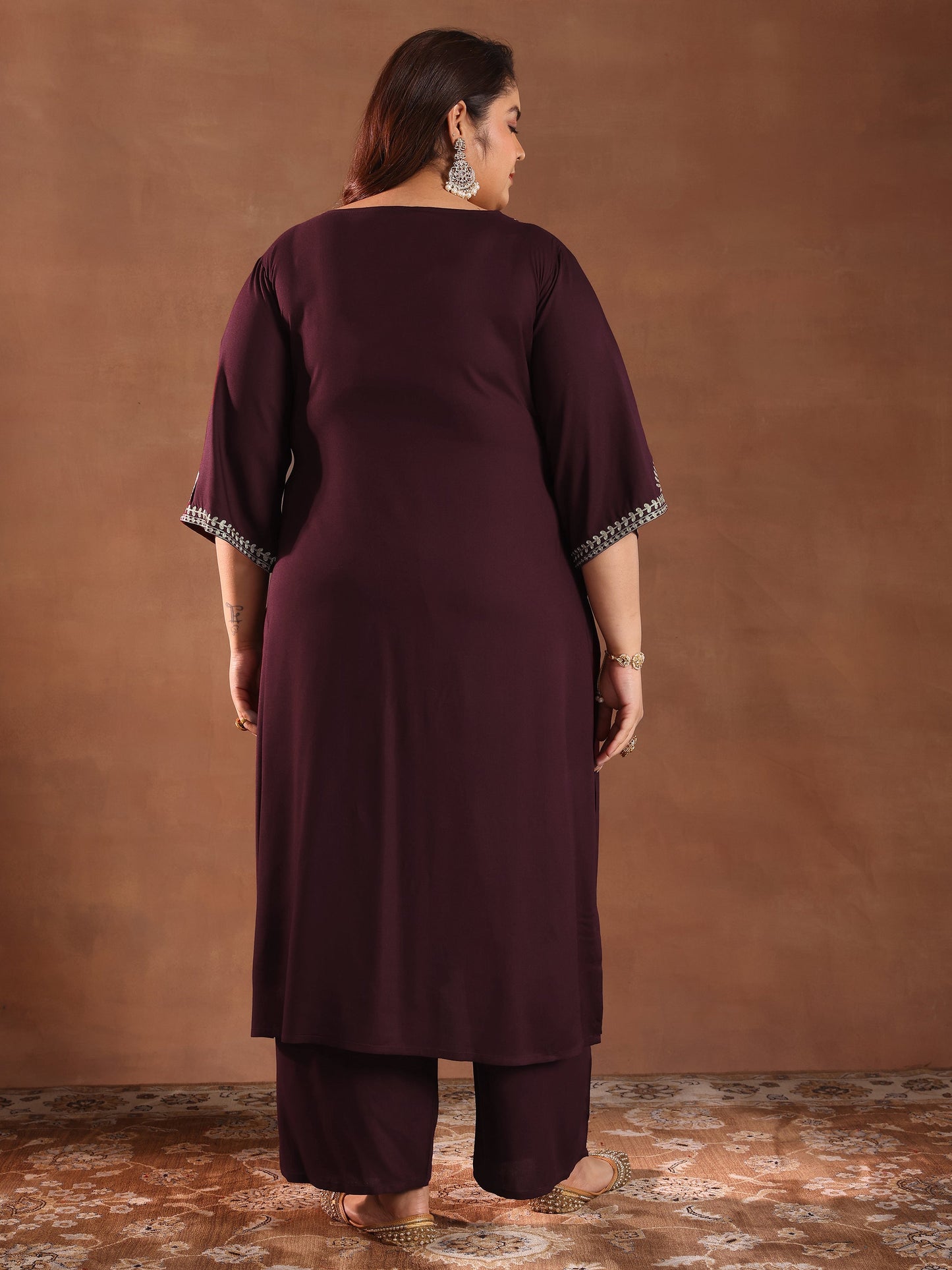 Plus Size Burgundy Yoke Design Rayon Straight Kurta Set