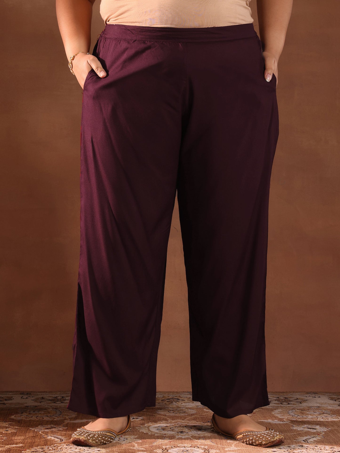 Plus Size Burgundy Yoke Design Rayon Straight Kurta Set