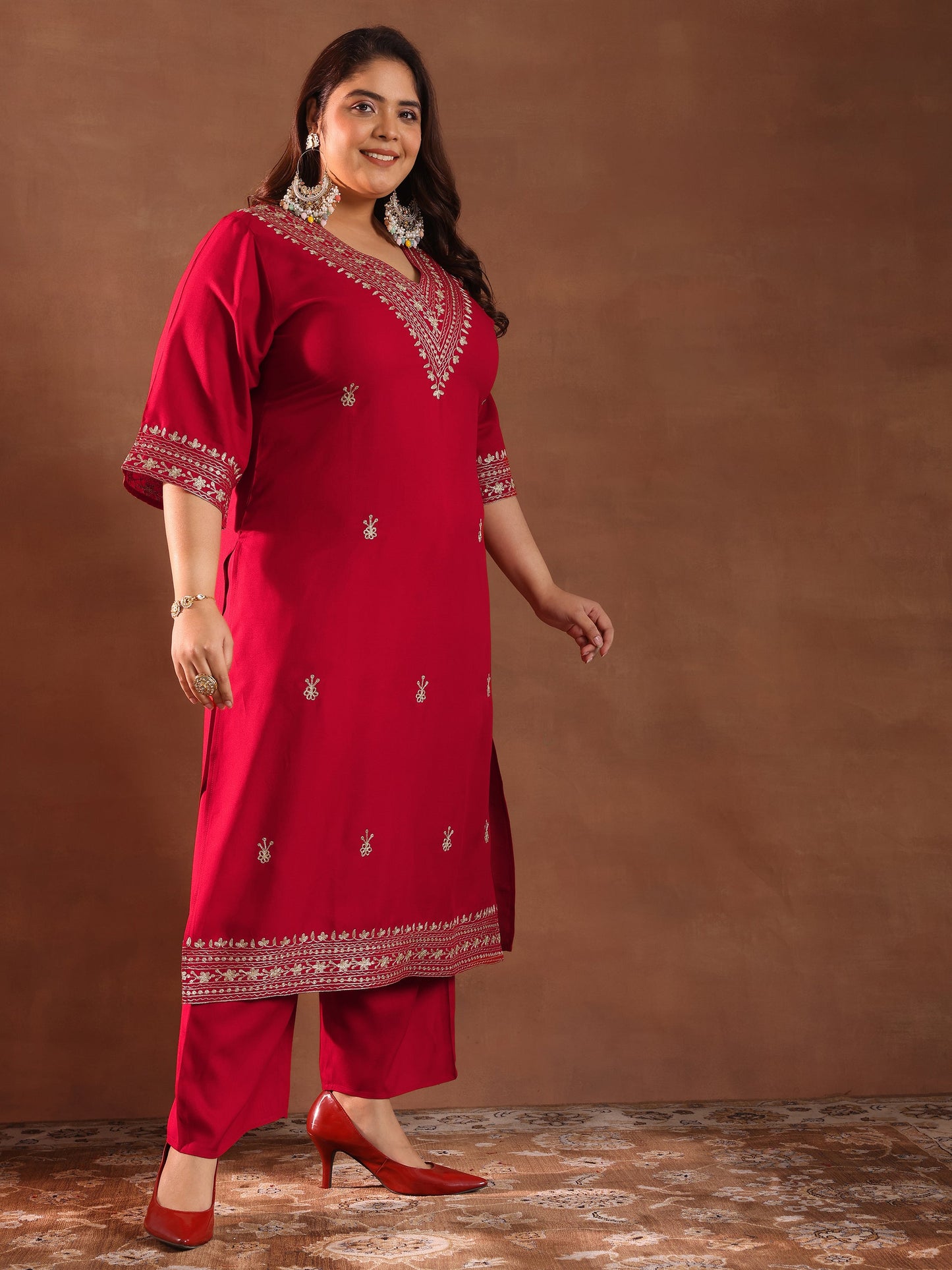 Plus Size Red Embroidered Rayon Straight Kurta Set