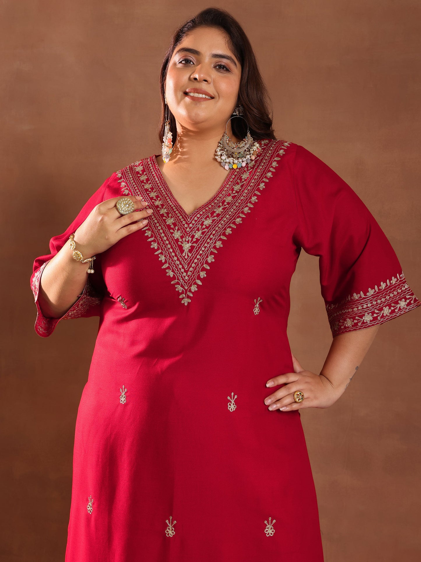 Plus Size Red Embroidered Rayon Straight Kurta Set