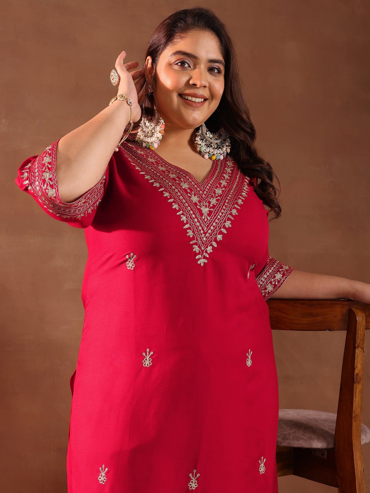 Plus Size Red Embroidered Rayon Straight Kurta Set