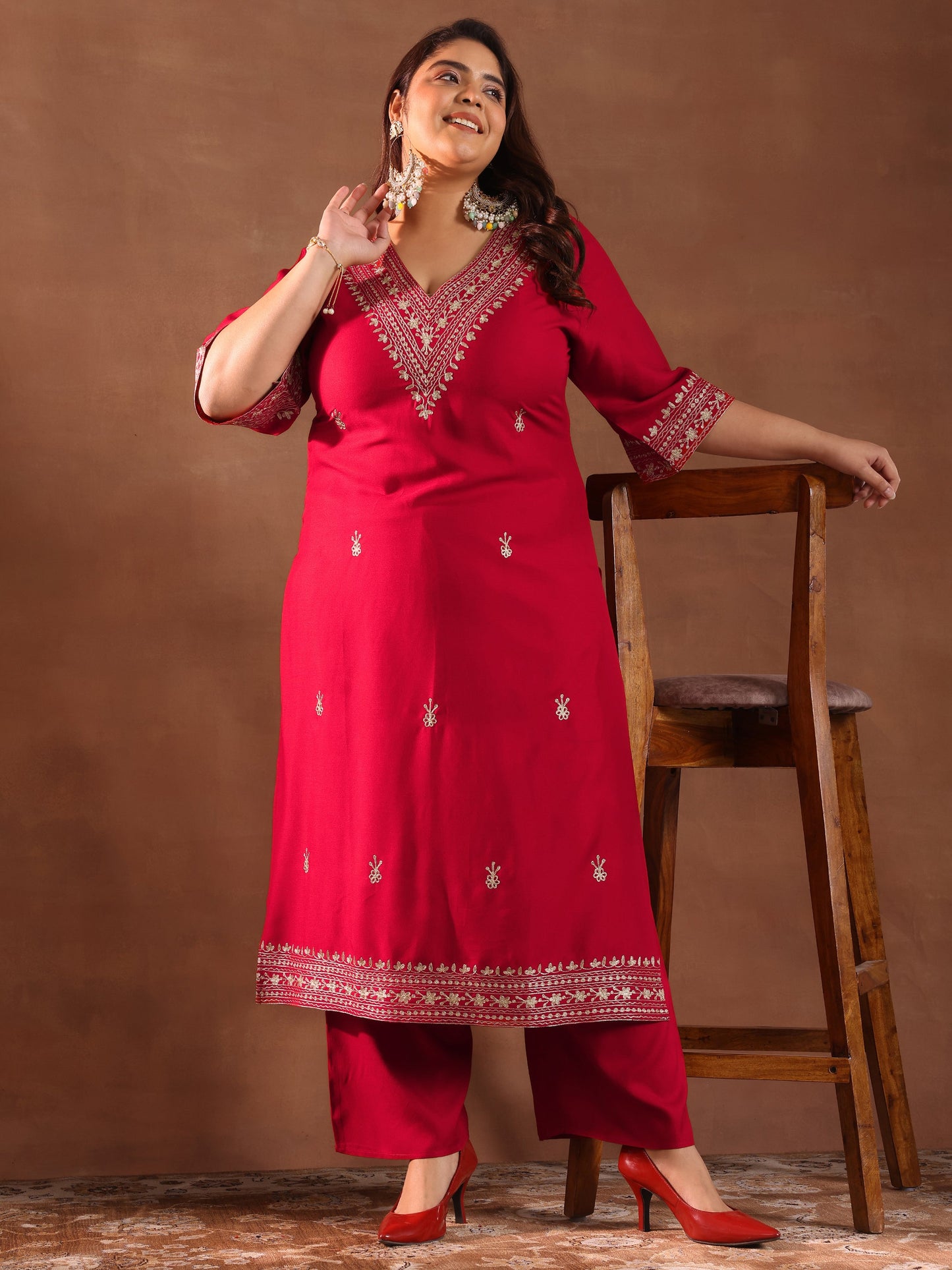 Plus Size Red Embroidered Rayon Straight Kurta Set
