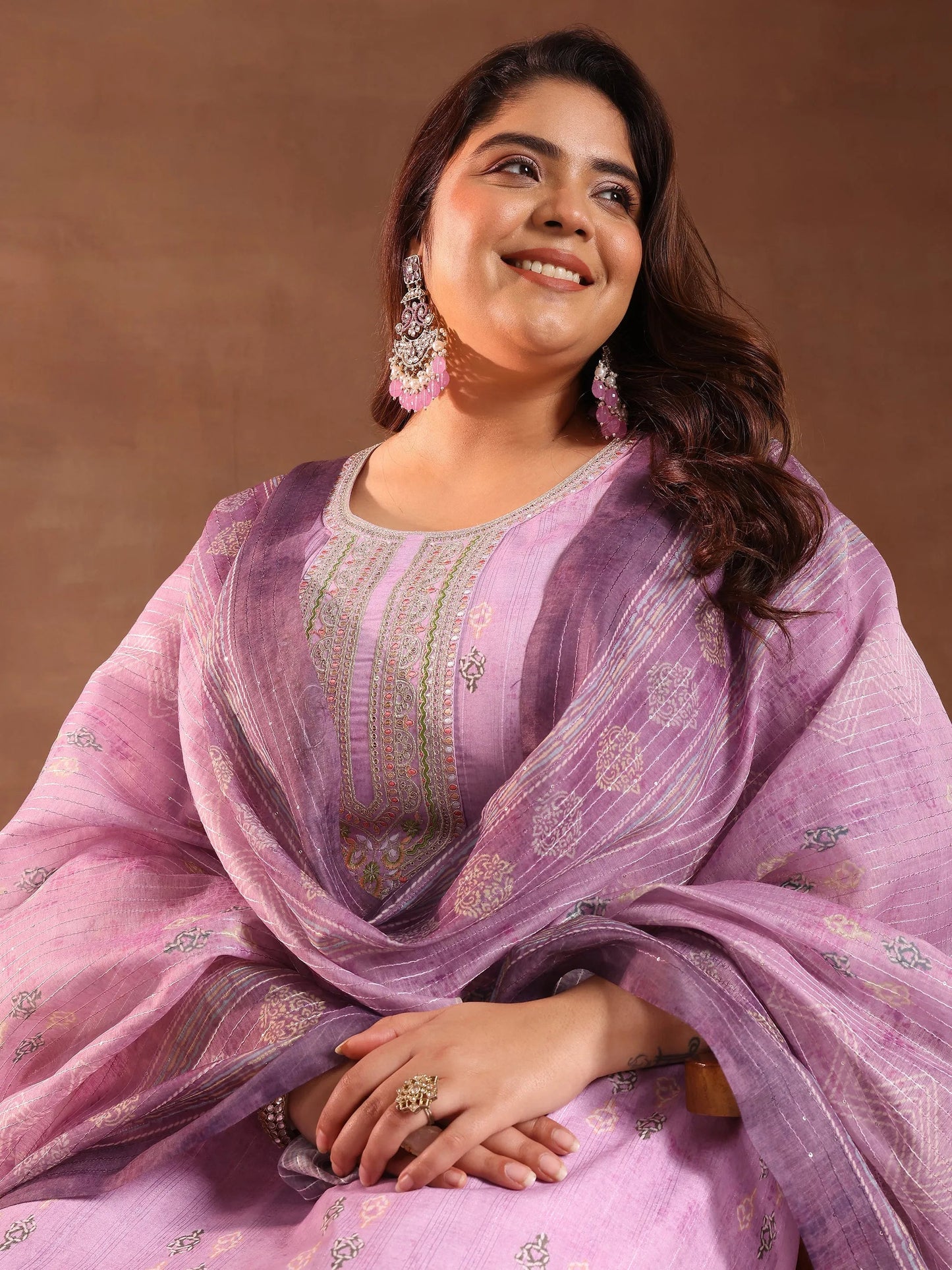 Plus Size Lavender Printed Silk Blend Straight Suit With Dupatta