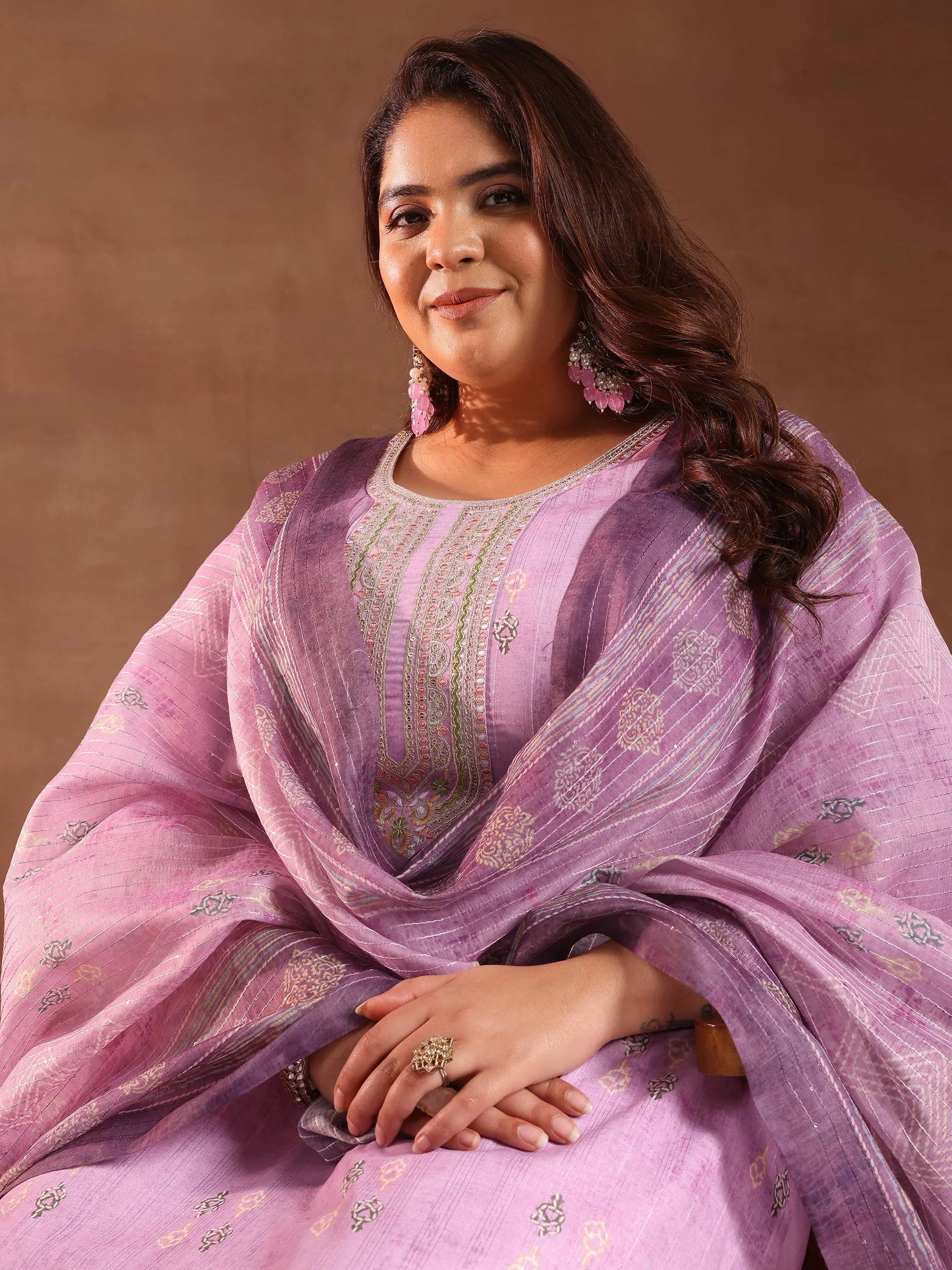 Plus Size Lavender Printed Silk Blend Straight Suit With Dupatta