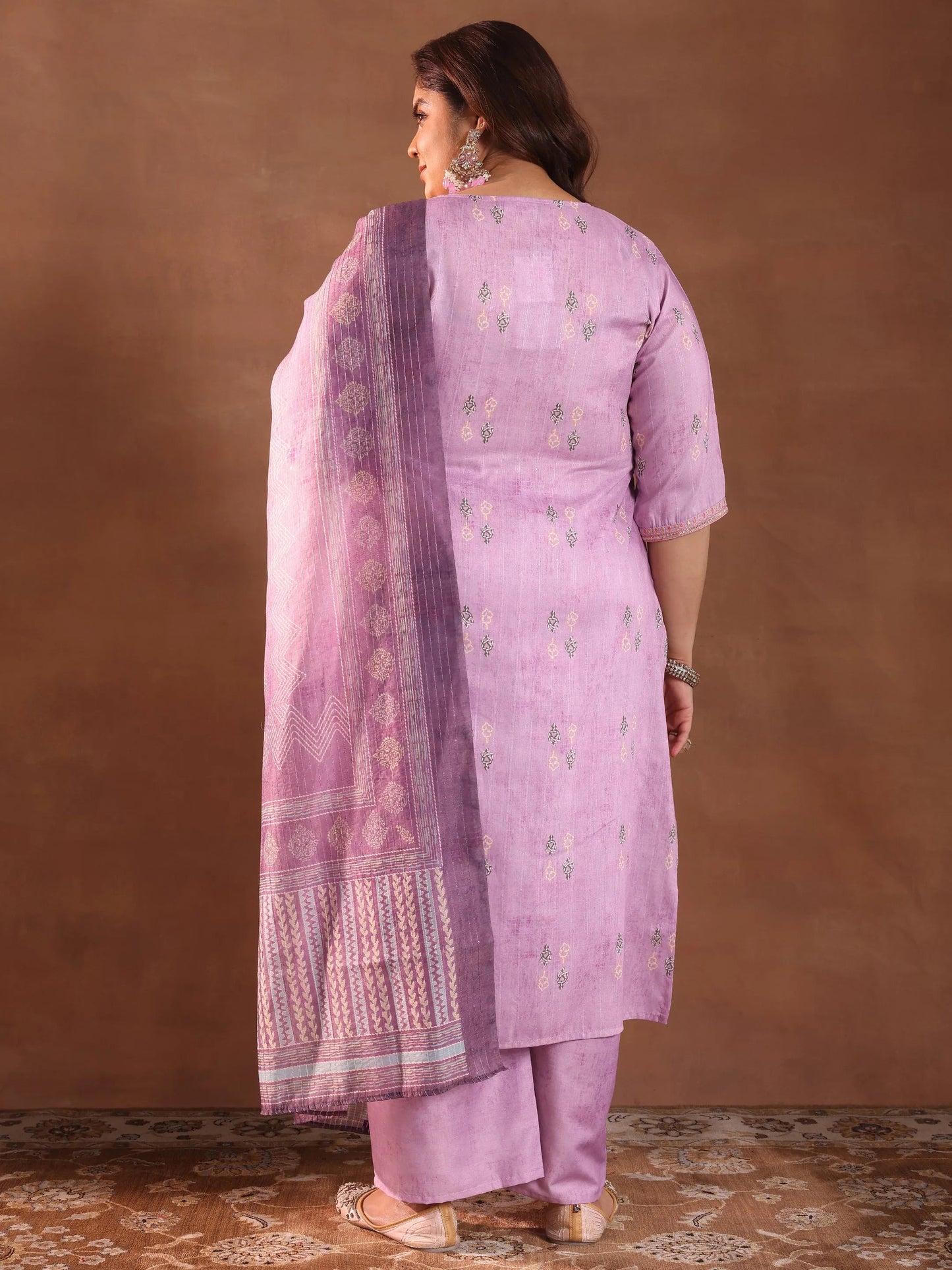 Plus Size Lavender Printed Silk Blend Straight Suit With Dupatta
