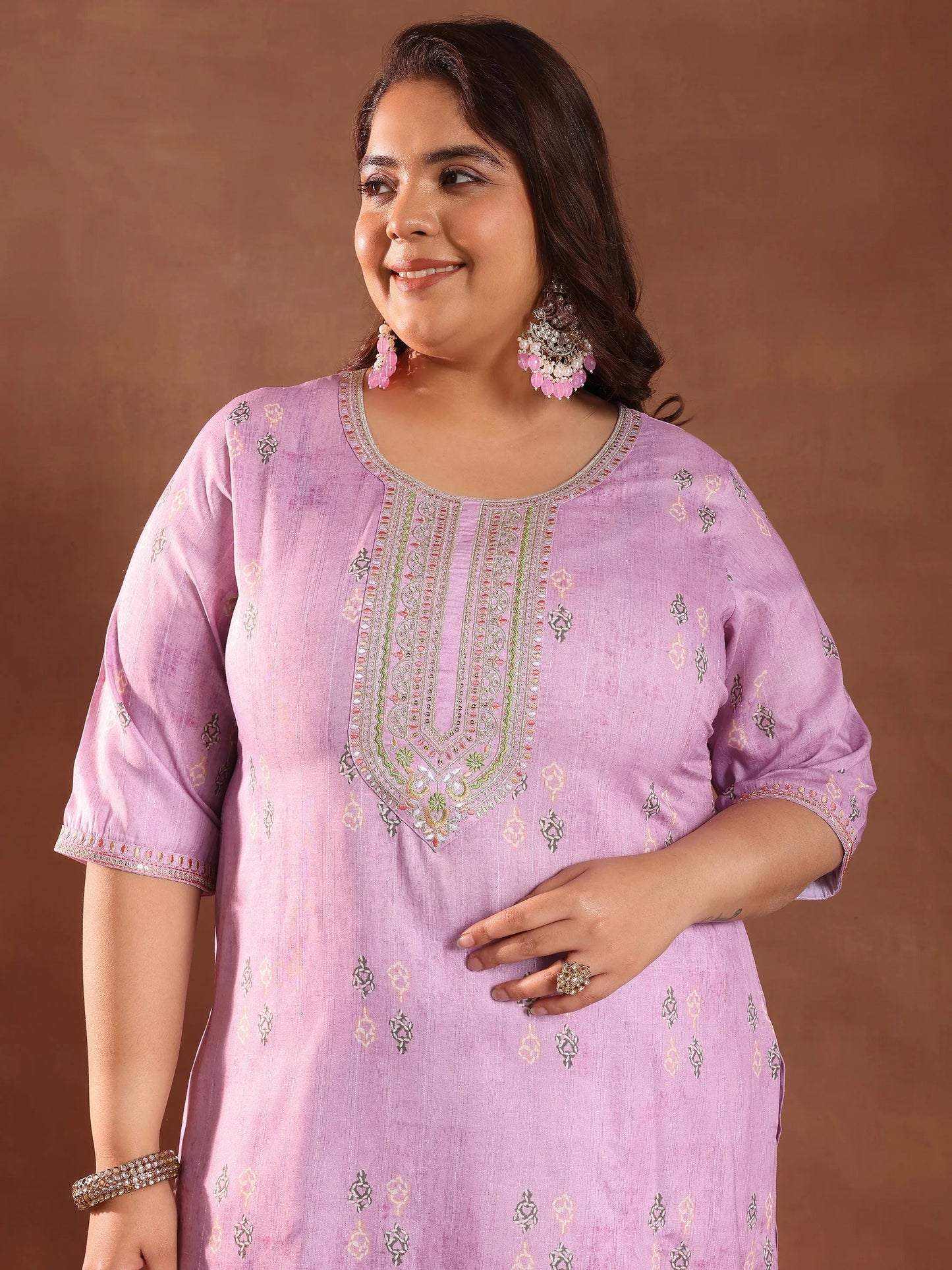 Plus Size Lavender Printed Silk Blend Straight Suit With Dupatta