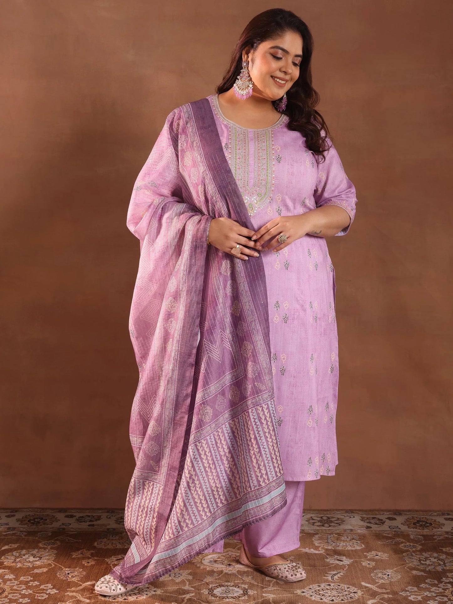 Plus Size Lavender Printed Silk Blend Straight Suit With Dupatta