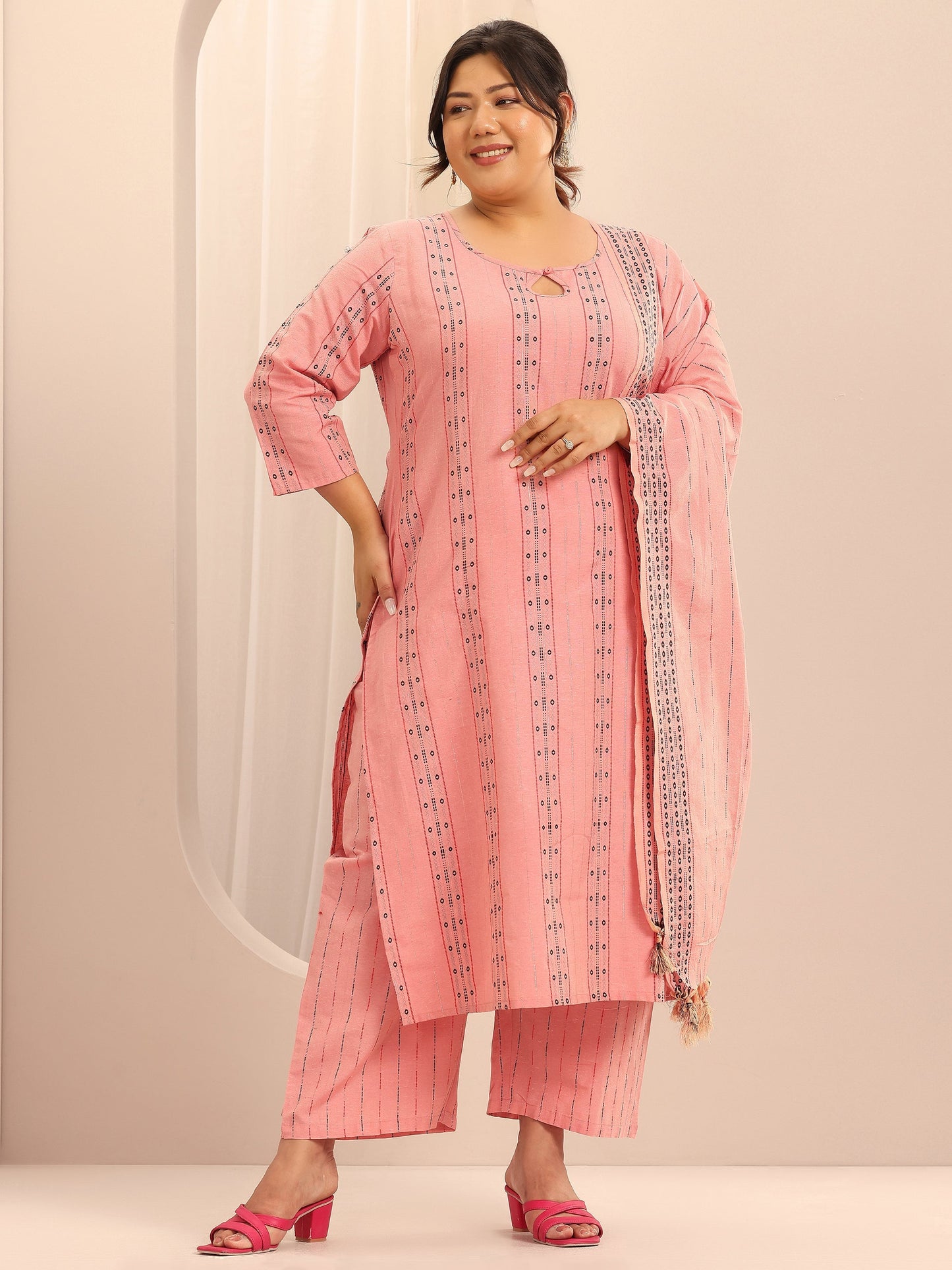 Plus Size Peach Self Design Cotton Blend Straight Suit Set With Dupatta