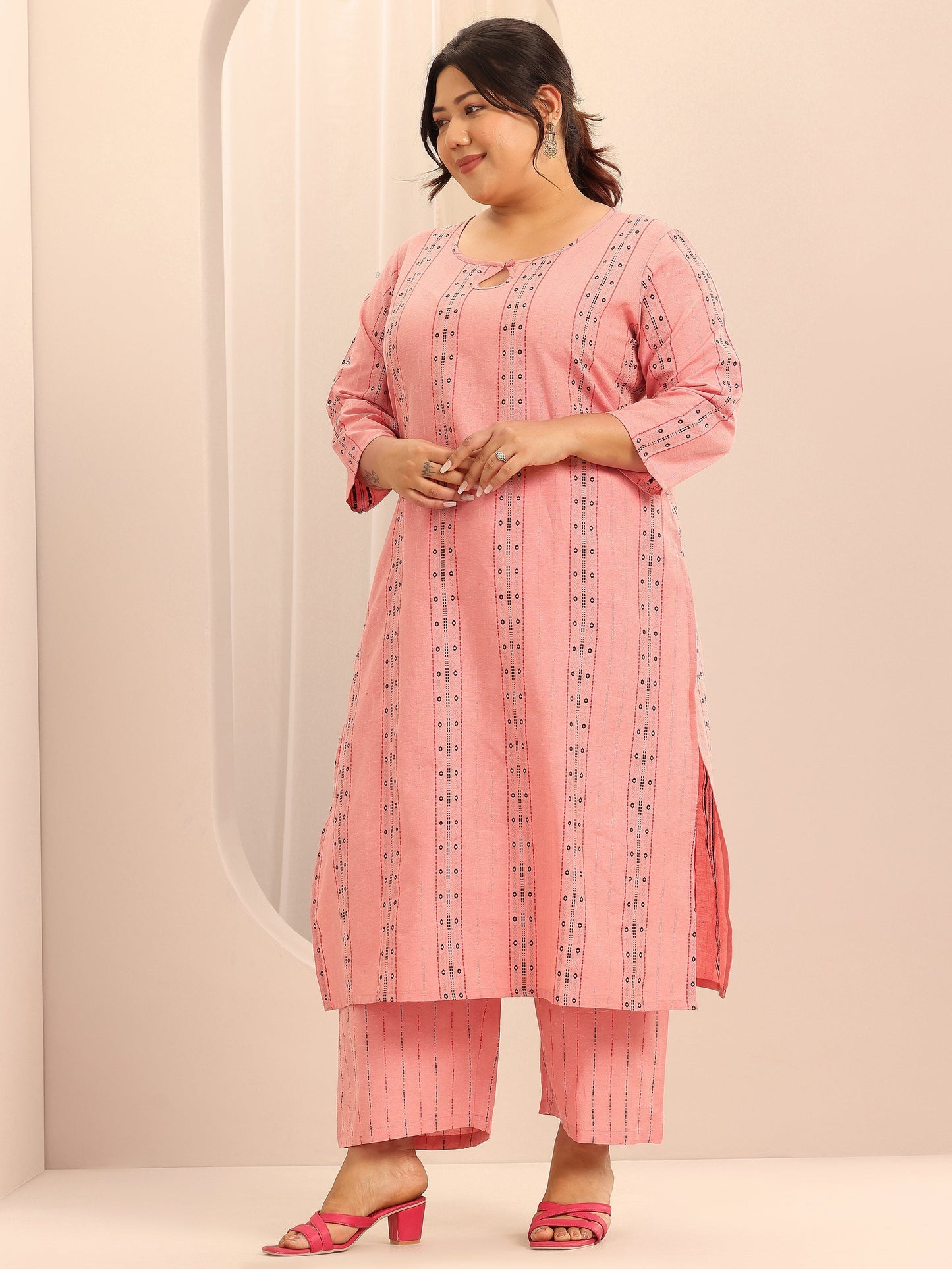 Plus Size Peach Self Design Cotton Blend Straight Suit Set With Dupatta