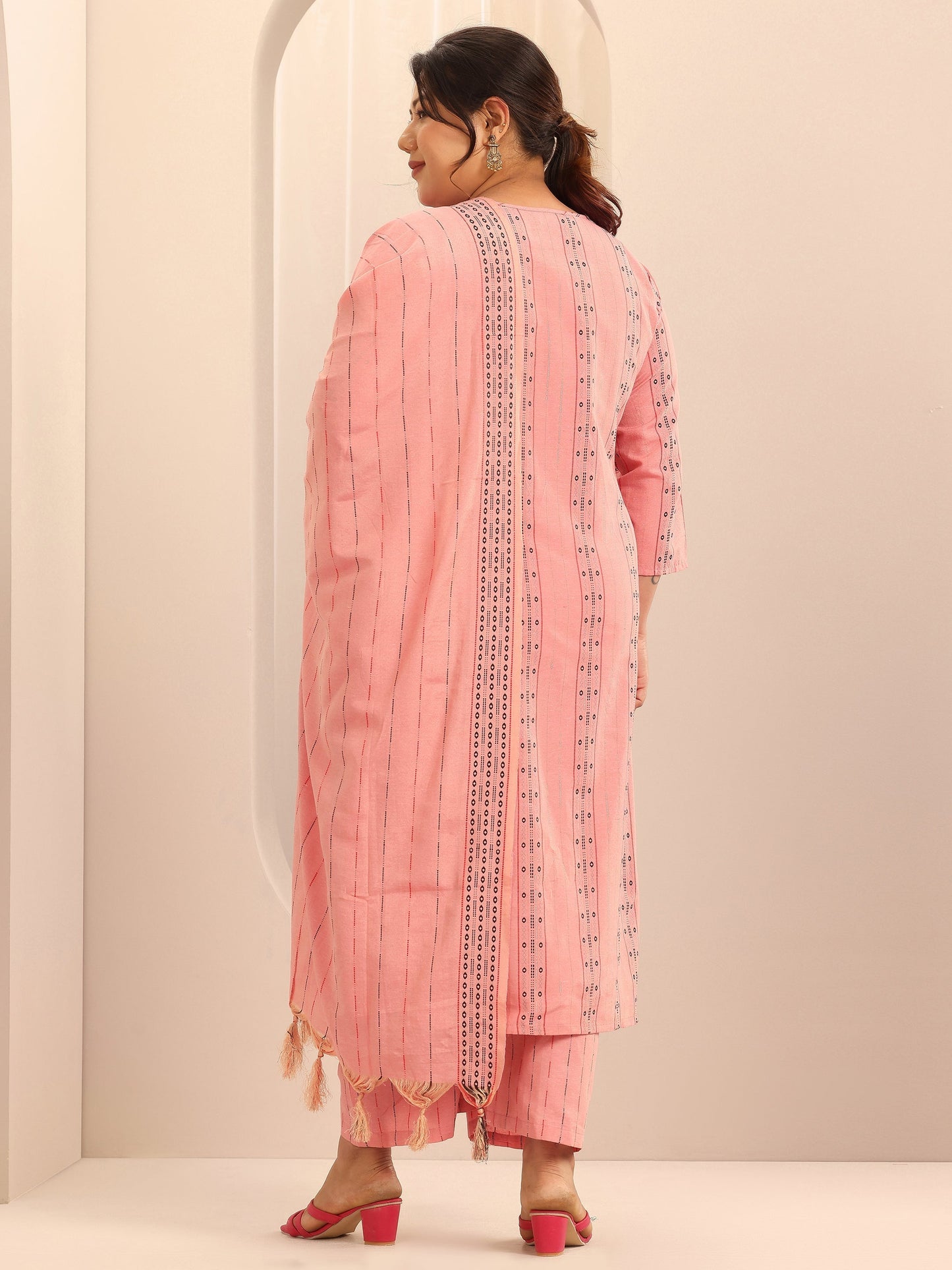 Plus Size Peach Self Design Cotton Blend Straight Suit Set With Dupatta