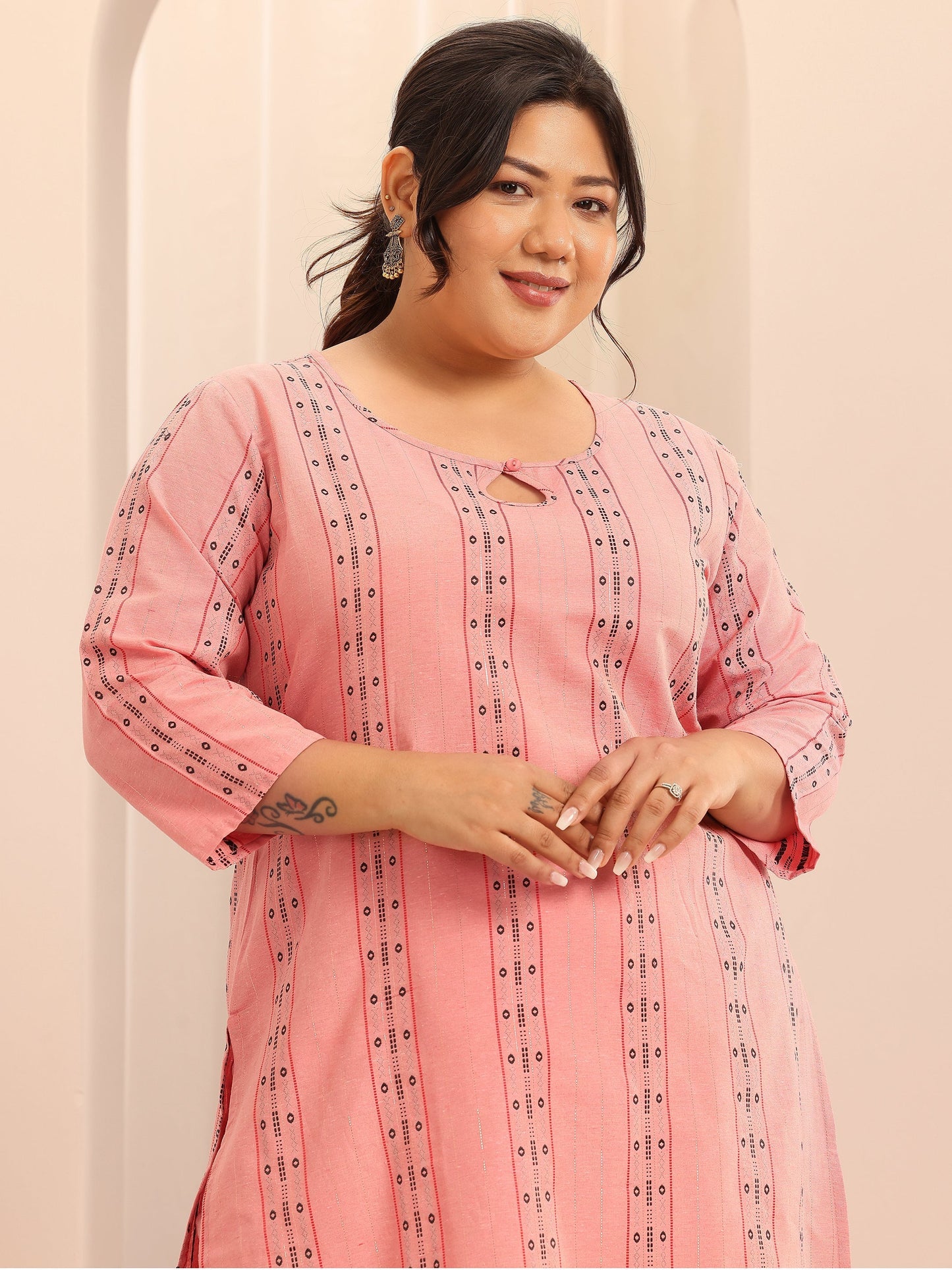 Plus Size Peach Self Design Cotton Blend Straight Suit Set With Dupatta