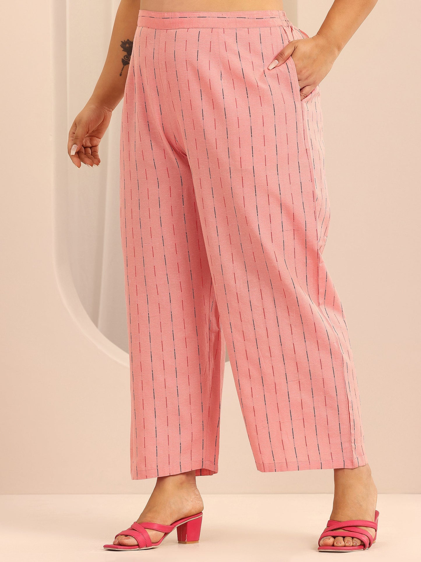 Plus Size Peach Self Design Cotton Blend Straight Suit Set With Dupatta