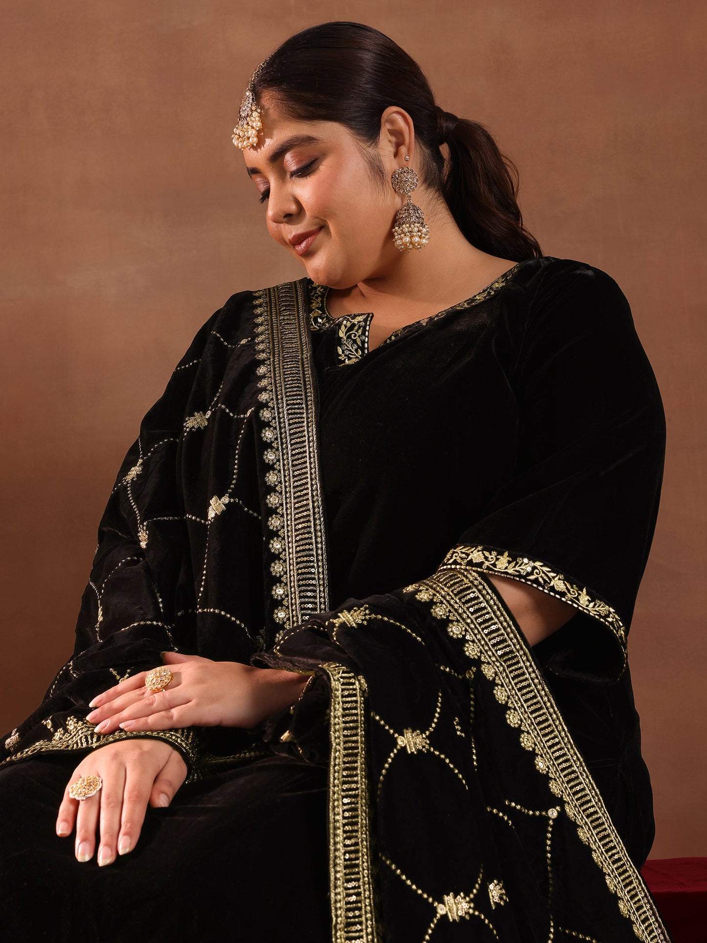 Plus Size Black Solid Velvet Straight Suit Set With Dupatta