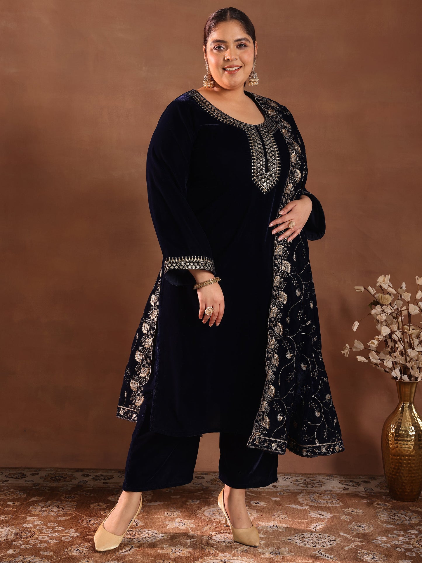 Plus Size Blue Yoke Design Velvet Straight Suit Set With Dupatta