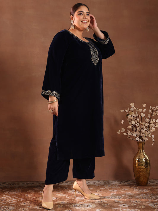 Plus Size Blue Yoke Design Velvet Straight Suit Set With Dupatta