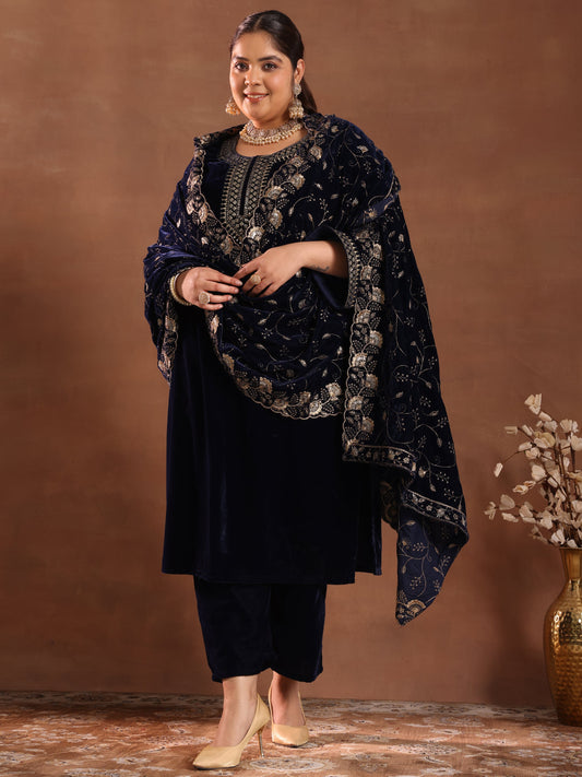 Plus Size Blue Yoke Design Velvet Straight Suit Set With Dupatta