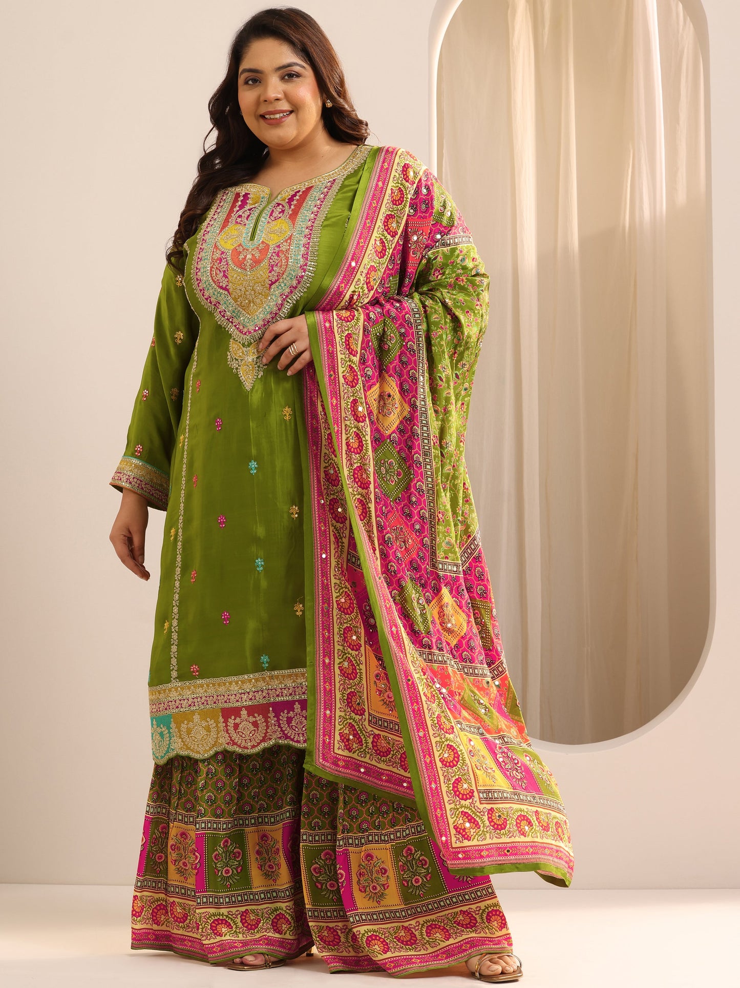 Plus Size Green Embroidered Silk Blend Straight Suit Set With Dupatta