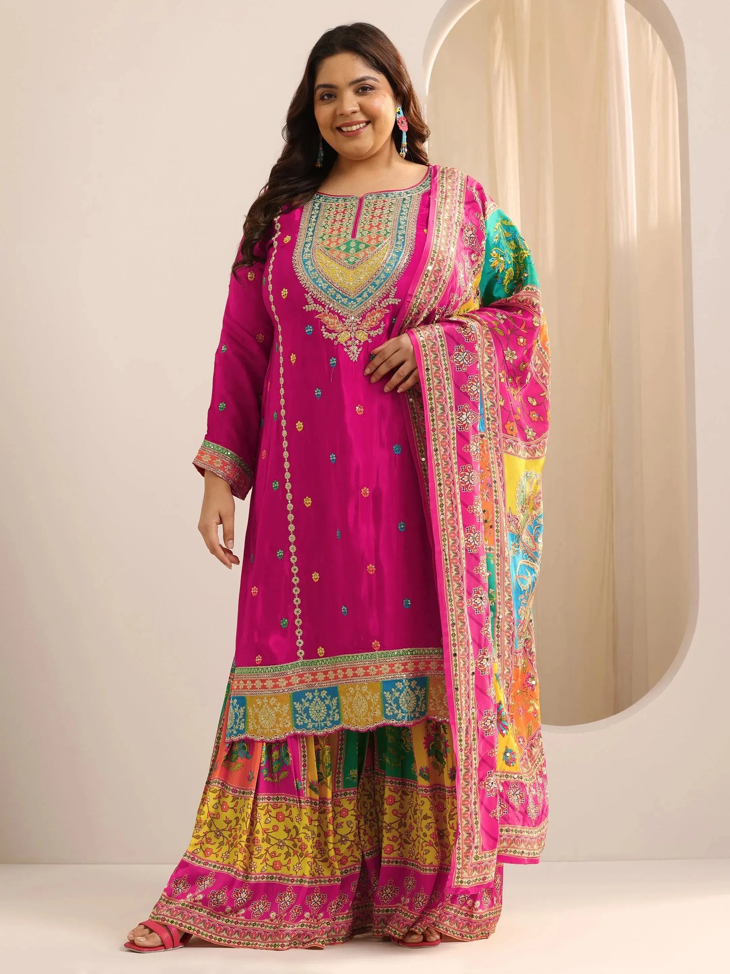 Plus Size Pink Embroidered Silk Blend Straight Sharara Suit Set With Dupatta