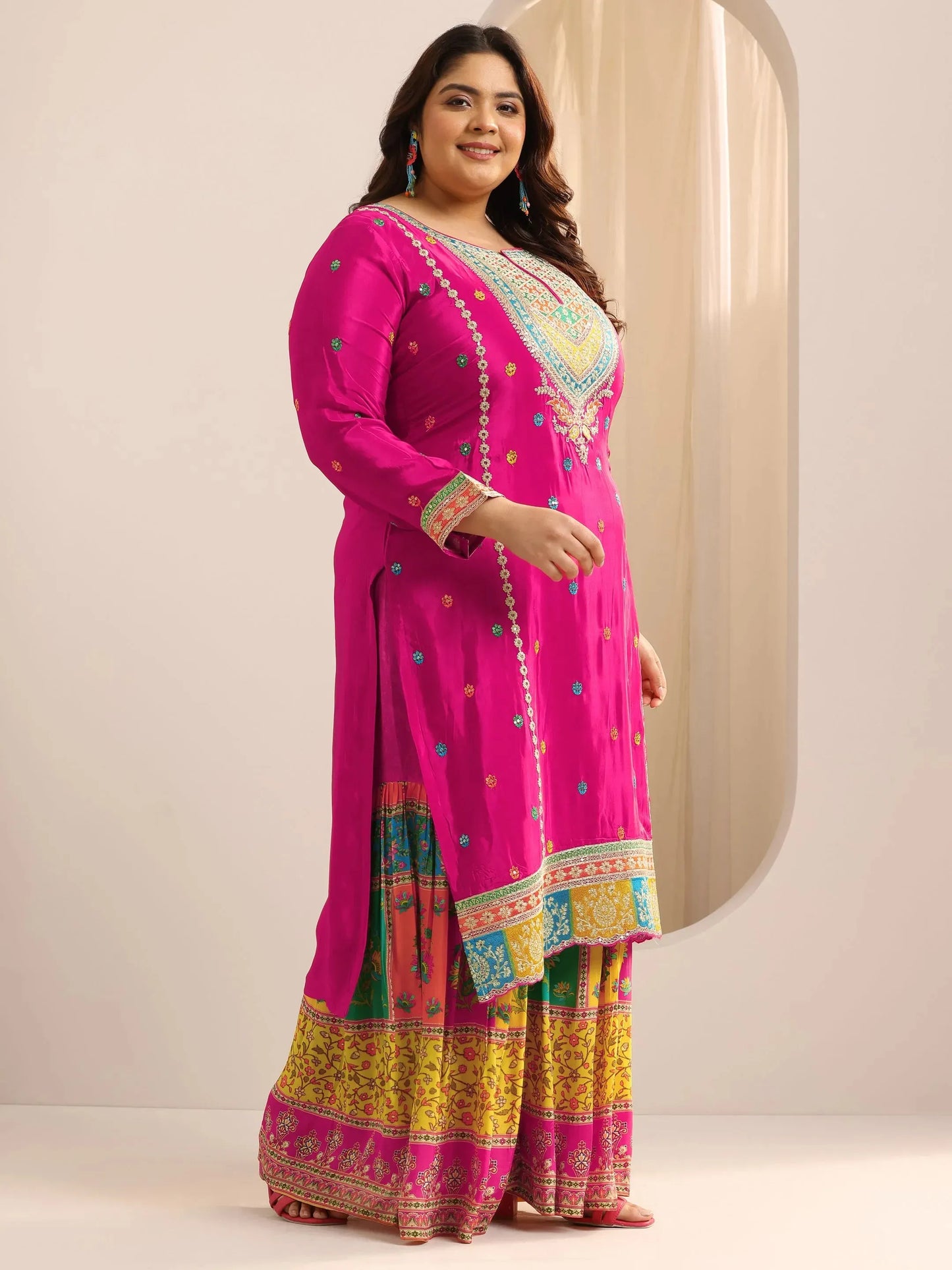 Plus Size Pink Embroidered Silk Blend Straight Sharara Suit Set With Dupatta